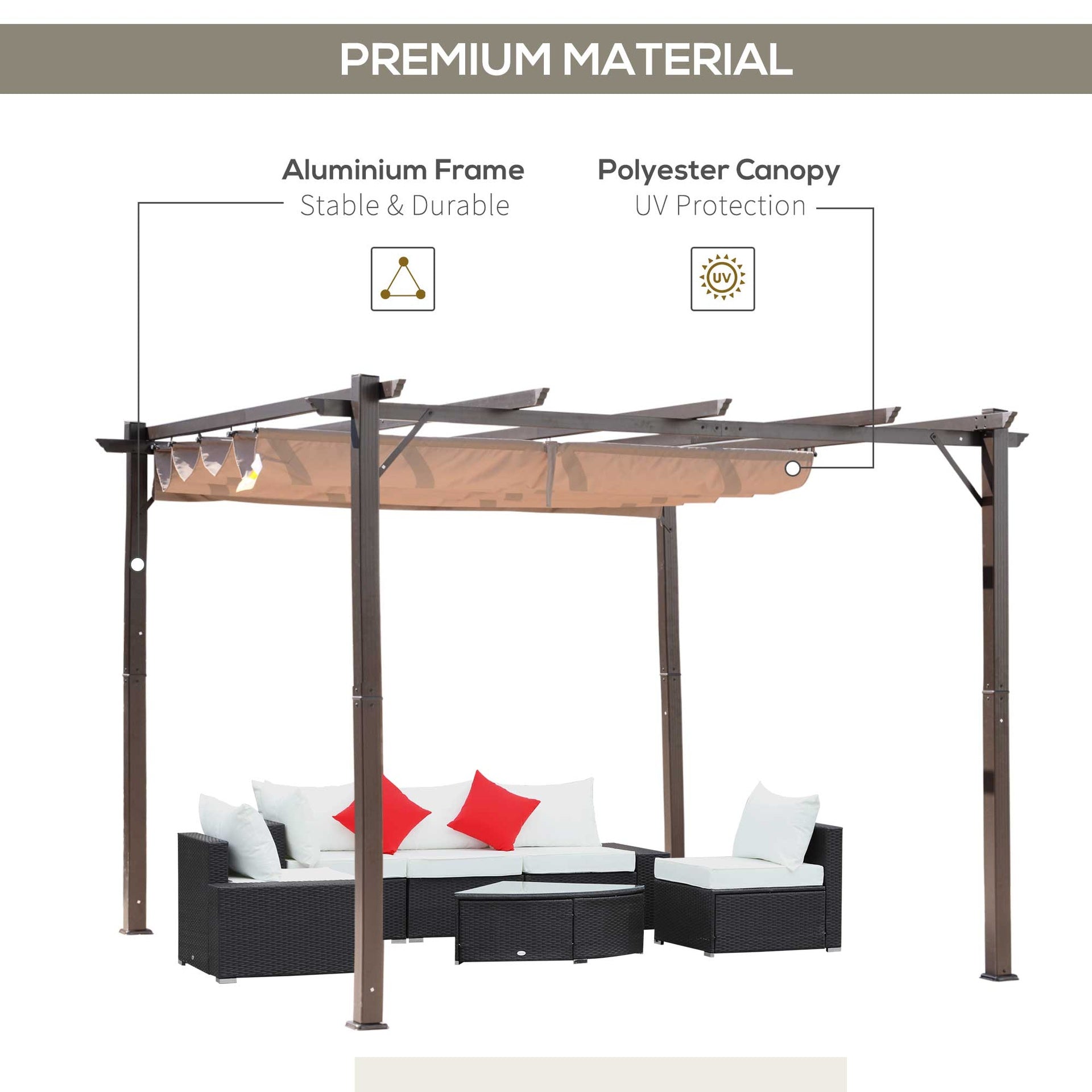 Outsunny 10' x 10' Outdoor Pergola Aluminum Gazebo w/ Retractable Canopy for Patio, Backyard, Party, Brown