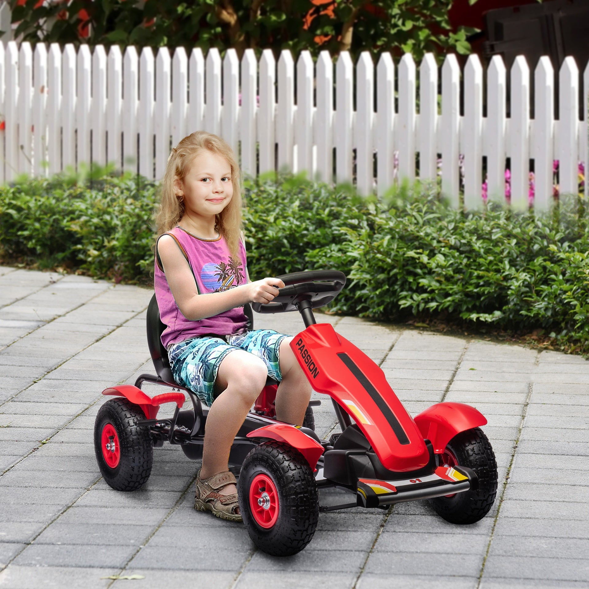 Aosom Kids Pedal Go Kart W/ Adjustable Seat, Rubber Wheels, Red