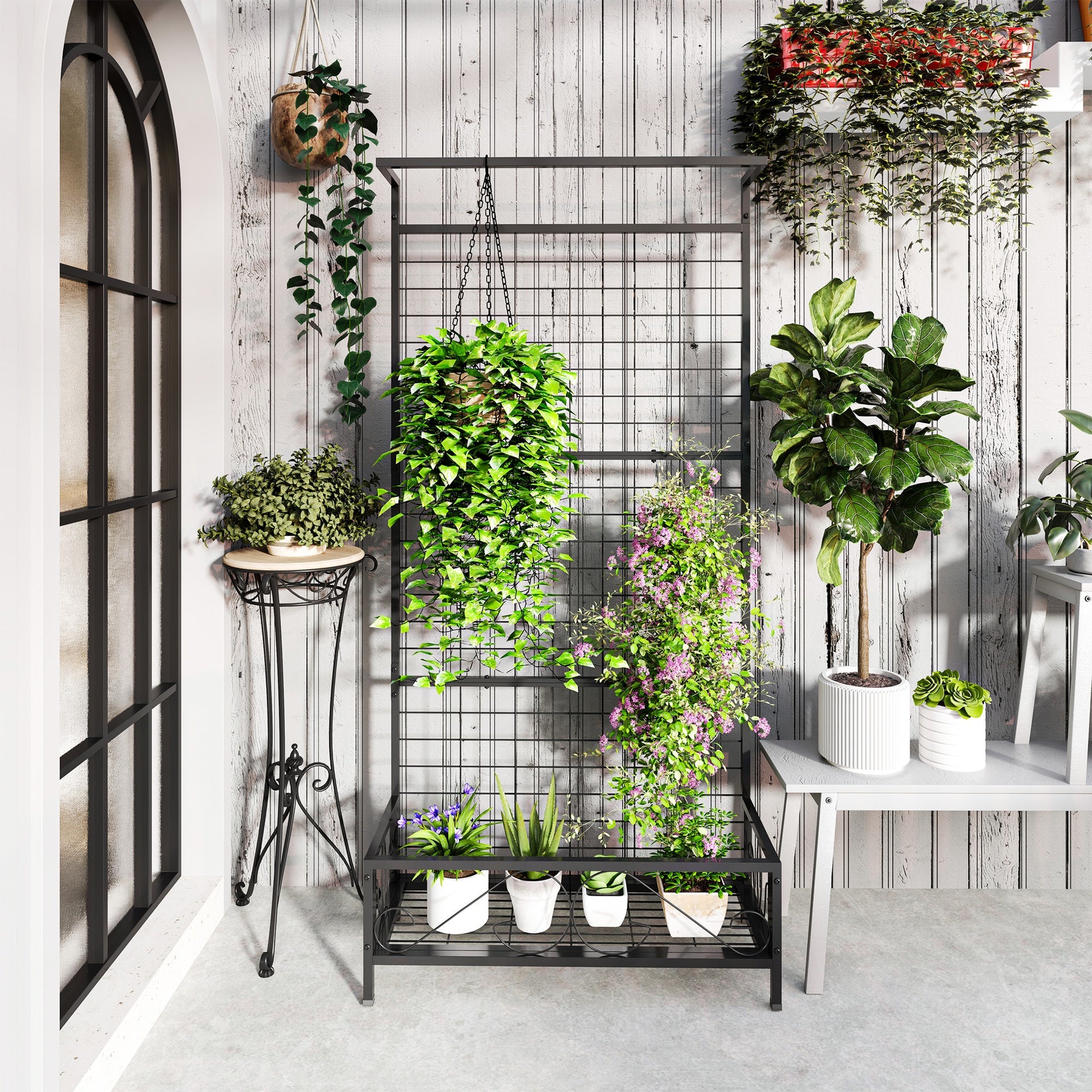 Outsunny Metal Tall Plant Stand with Trellis and Hanging Bar, Plant Holder for Indoor Outdoor Use, 35" x 12.8" x 74", Black