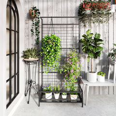 Outsunny Metal Tall Plant Stand with Trellis and Hanging Bar, Plant Holder for Indoor Outdoor Use, 35" x 12.8" x 74", Black