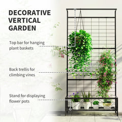 Outsunny Metal Tall Plant Stand with Trellis and Hanging Bar, Plant Holder for Indoor Outdoor Use, 35" x 12.8" x 74", Black