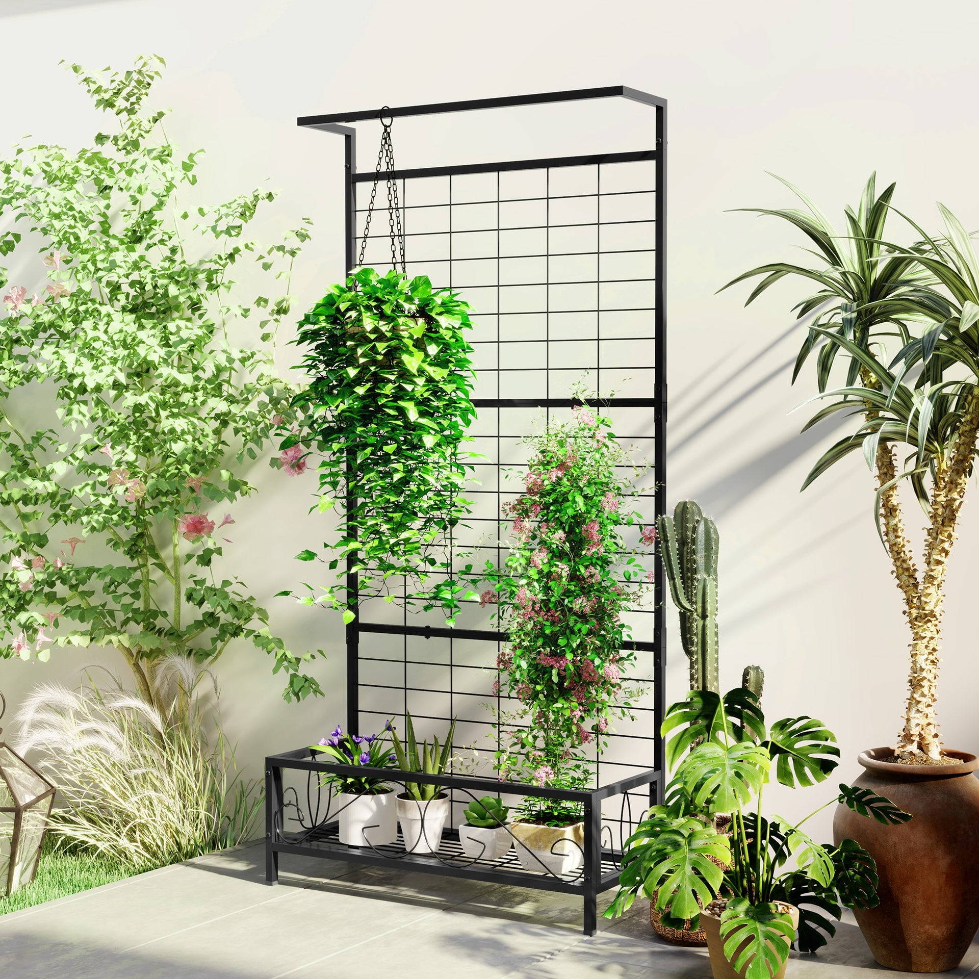Outsunny Metal Tall Plant Stand with Trellis and Hanging Bar, Plant Holder for Indoor Outdoor Use, 35" x 12.8" x 74", Black