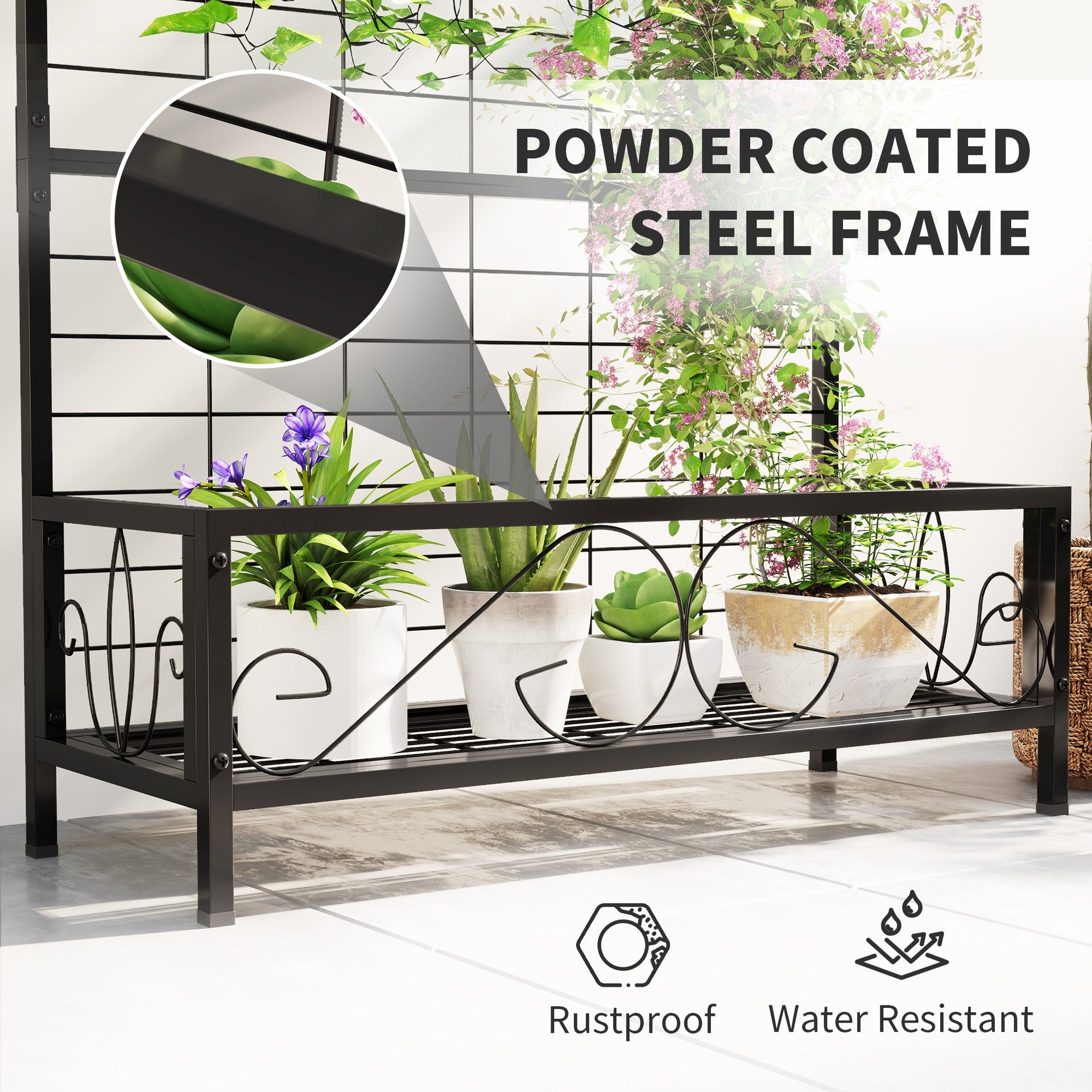 Outsunny Metal Tall Plant Stand with Trellis and Hanging Bar, Plant Holder for Indoor Outdoor Use, 35" x 12.8" x 74", Black