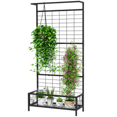 Outsunny Metal Tall Plant Stand with Trellis and Hanging Bar, Plant Holder for Indoor Outdoor Use, 35" x 12.8" x 74", Black