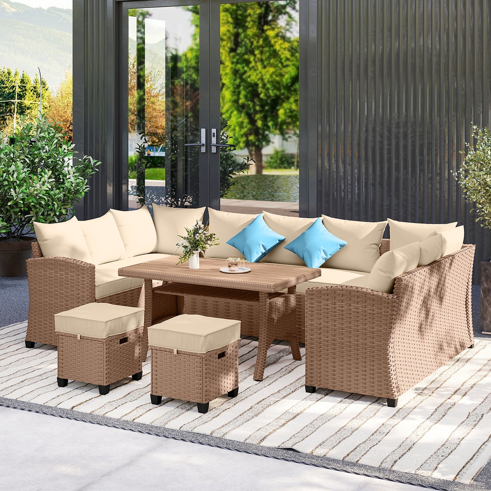 Outsunny 6 Piece Patio Furniture Set, PE Wicker Outdoor Furniture Conversation Set with 3 Sofas, 2 Ottomans and Slatted WPC Top Dining Table, All Weather Sectional Sofa Couch with Pillows, Khaki