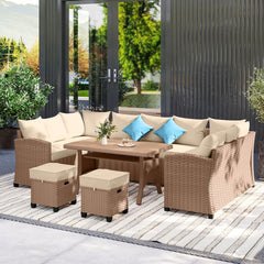 Outsunny 6 Piece Patio Furniture Set, PE Wicker Outdoor Furniture Conversation Set with 3 Sofas, 2 Ottomans and Slatted WPC Top Dining Table, All Weather Sectional Sofa Couch with Pillows, Khaki