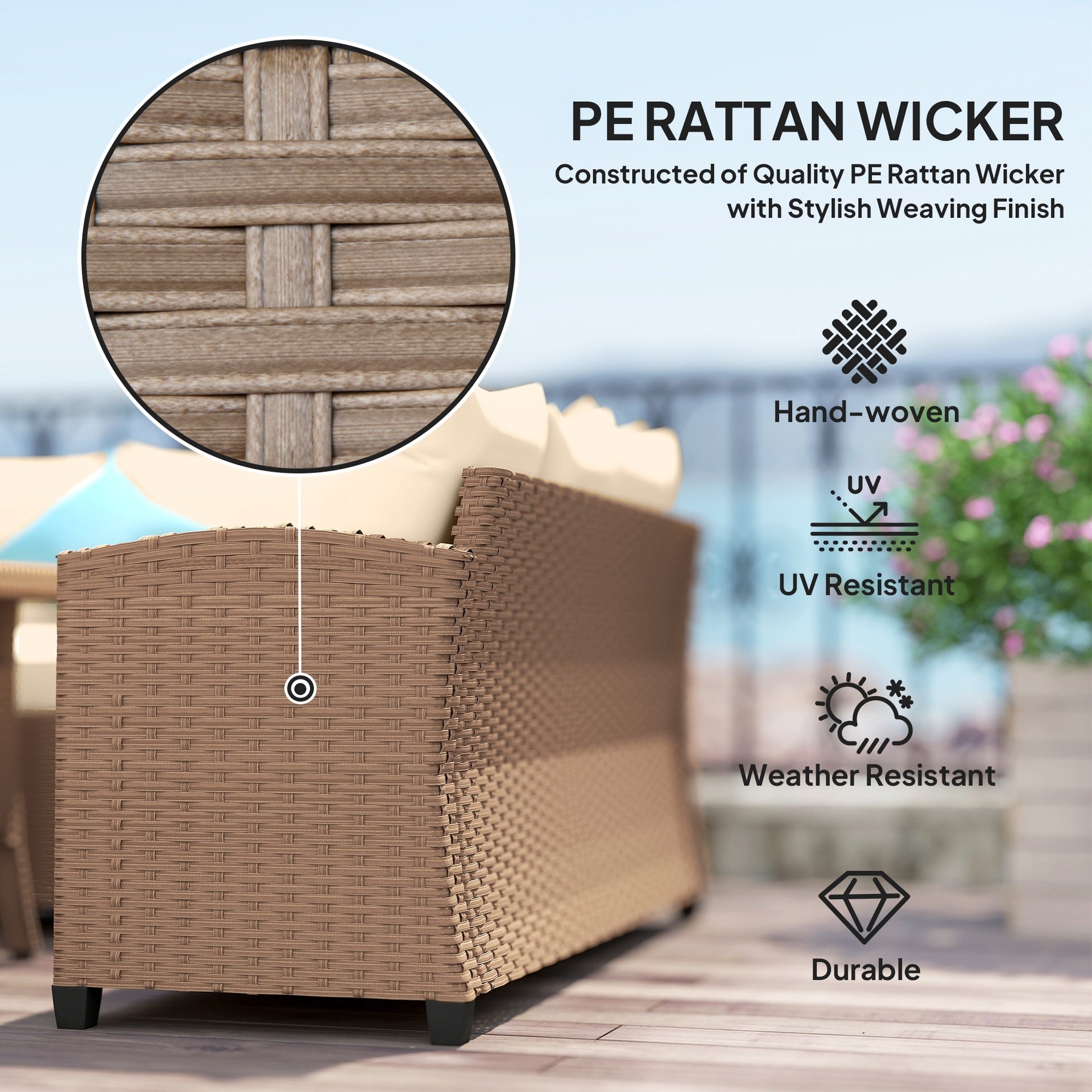 Outsunny 6 Piece Patio Furniture Set, PE Wicker Outdoor Furniture Conversation Set with 3 Sofas, 2 Ottomans and Slatted WPC Top Dining Table, All Weather Sectional Sofa Couch with Pillows, Khaki
