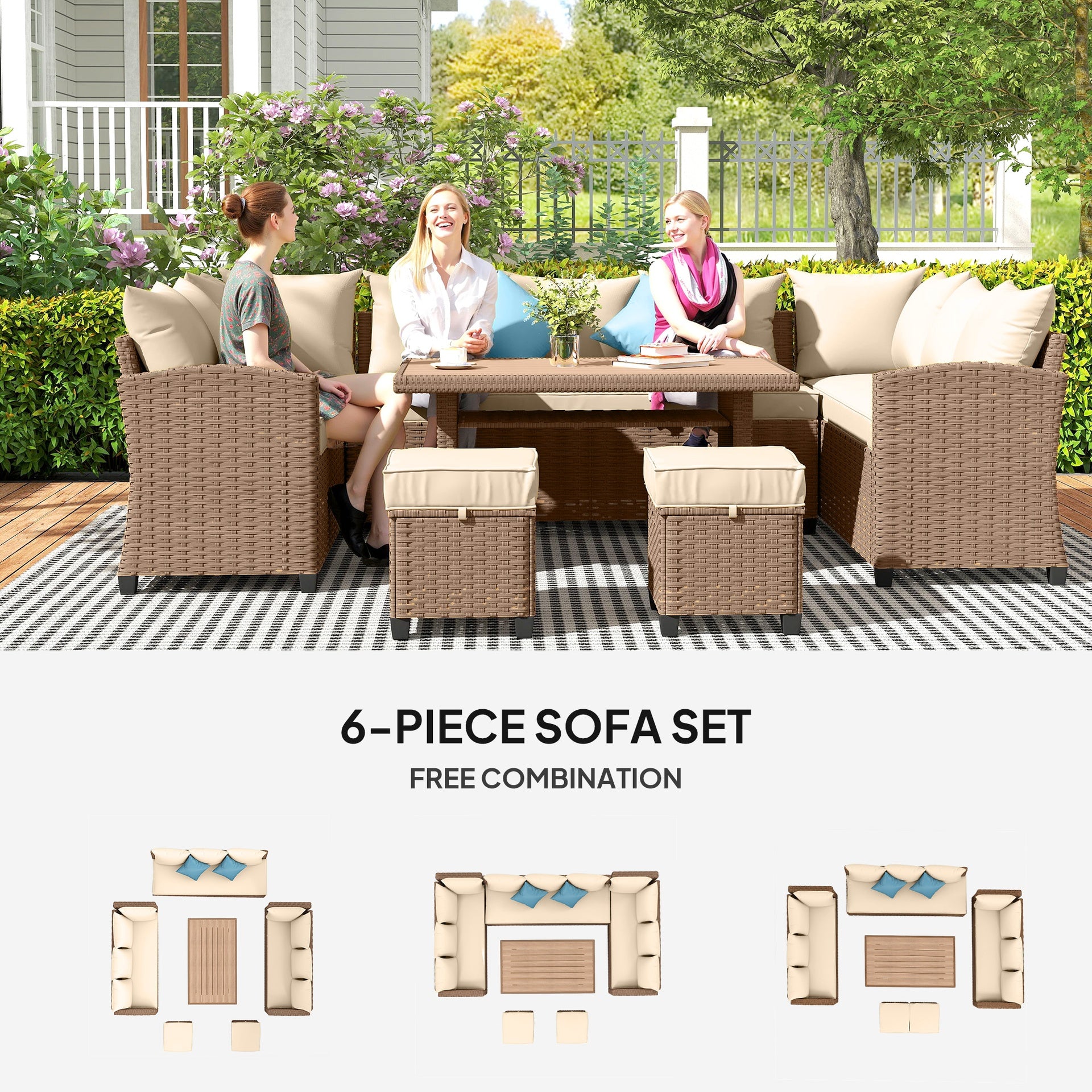 Outsunny 6 Piece Patio Furniture Set, PE Wicker Outdoor Furniture Conversation Set with 3 Sofas, 2 Ottomans and Slatted WPC Top Dining Table, All Weather Sectional Sofa Couch with Pillows, Khaki