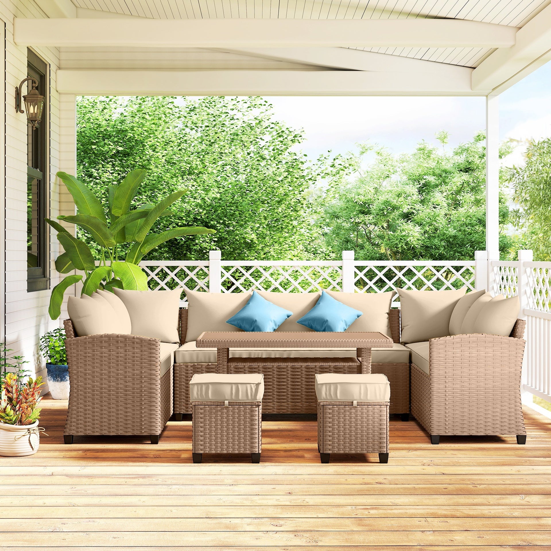 Outsunny 6 Piece Patio Furniture Set, PE Wicker Outdoor Furniture Conversation Set with 3 Sofas, 2 Ottomans and Slatted WPC Top Dining Table, All Weather Sectional Sofa Couch with Pillows, Khaki