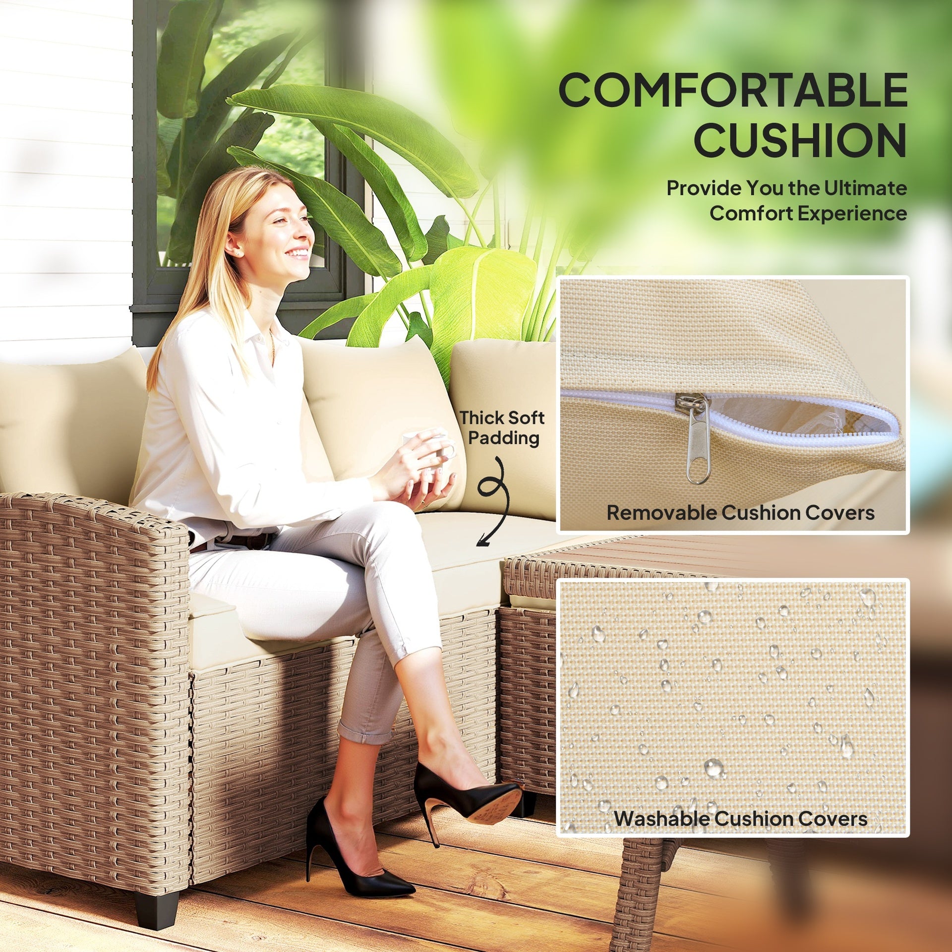 Outsunny 6 Piece Patio Furniture Set, PE Wicker Outdoor Furniture Conversation Set with 3 Sofas, 2 Ottomans and Slatted WPC Top Dining Table, All Weather Sectional Sofa Couch with Pillows, Khaki