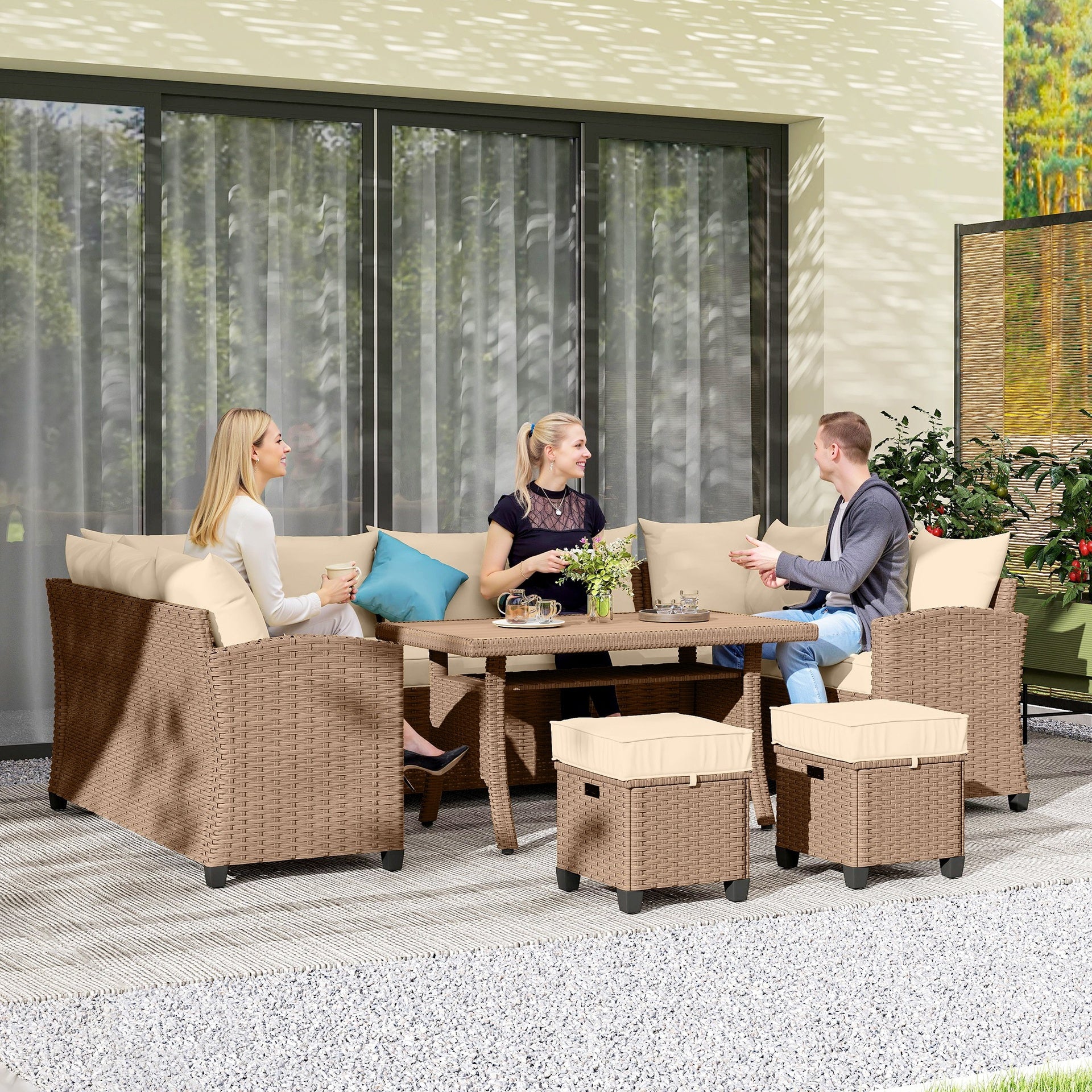 Outsunny 6 Piece Patio Furniture Set, PE Wicker Outdoor Furniture Conversation Set with 3 Sofas, 2 Ottomans and Slatted WPC Top Dining Table, All Weather Sectional Sofa Couch with Pillows, Khaki