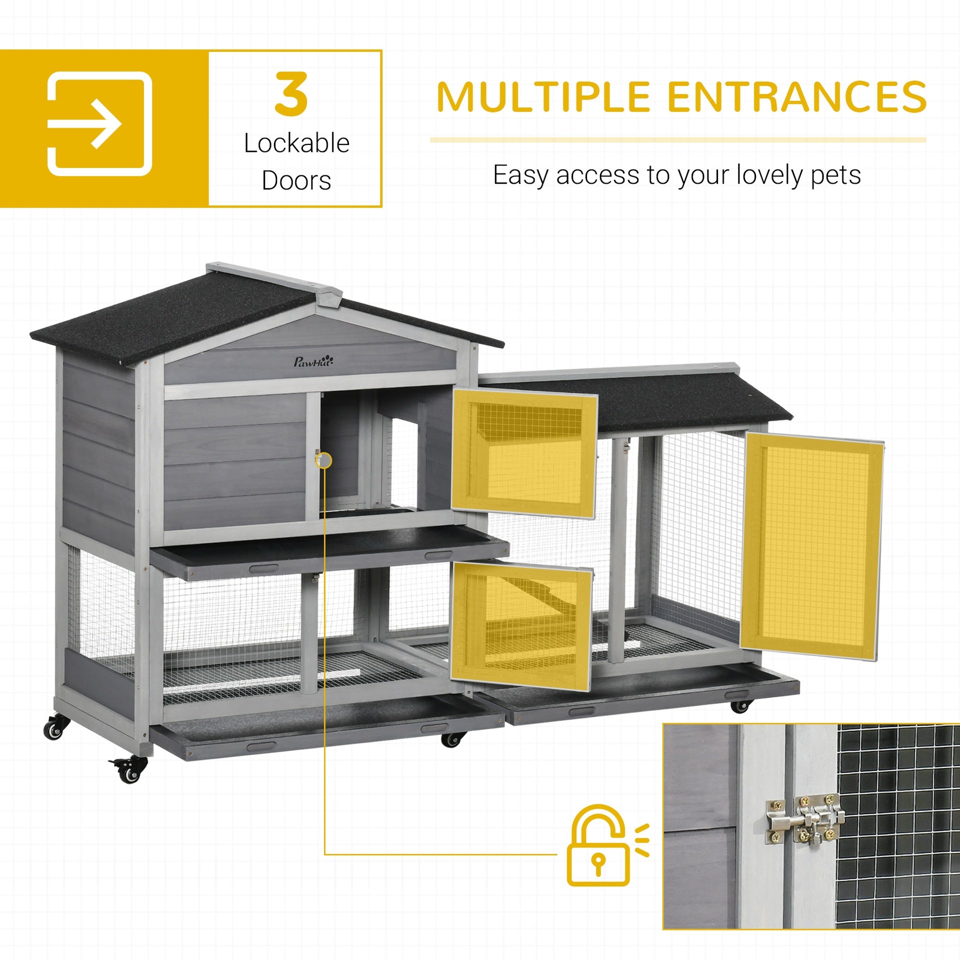 PawHut 62" Wooden Mobile Rabbit Hutch with Wheels, Run Box, Slide-out Tray, Ramp