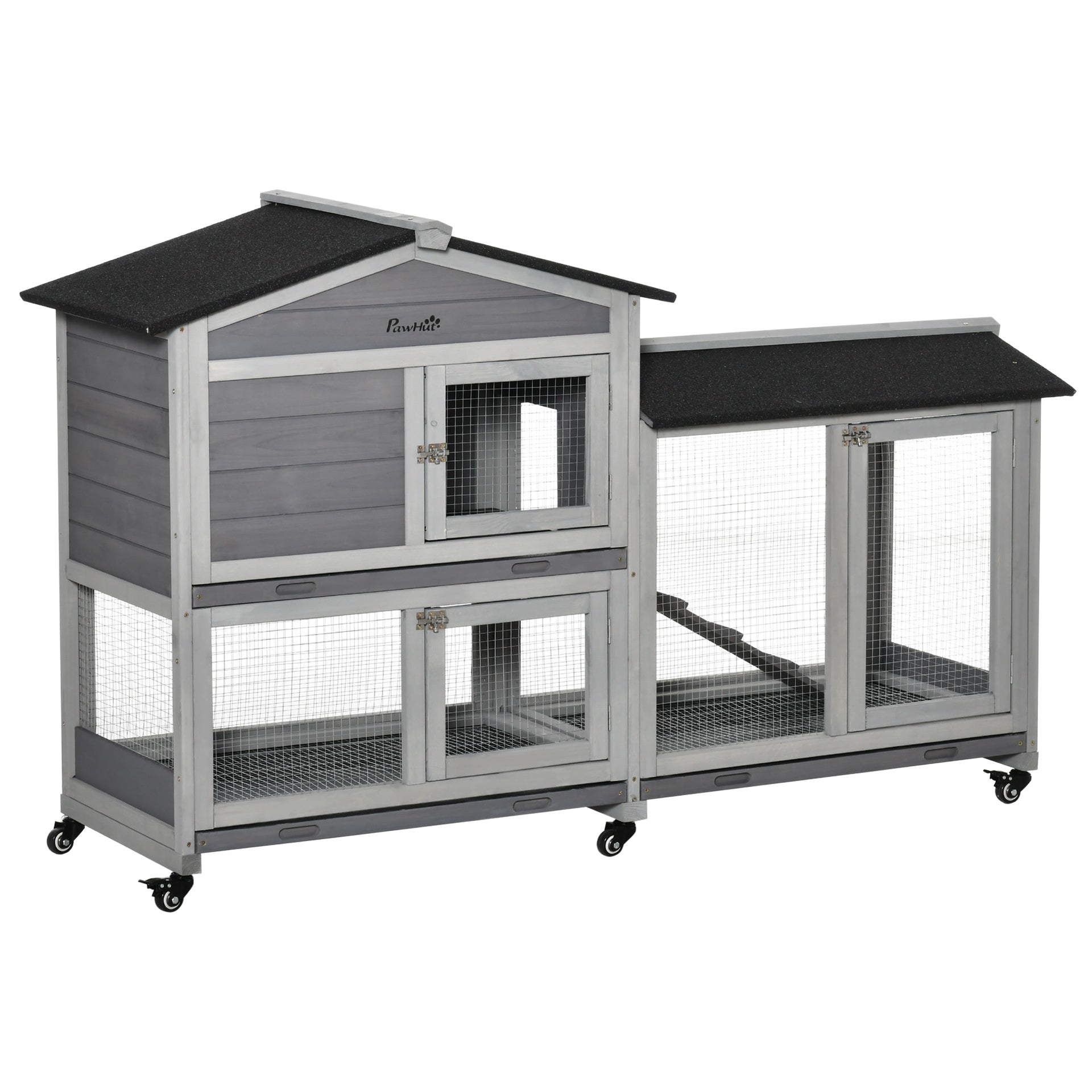 PawHut 62" Wooden Mobile Rabbit Hutch with Wheels, Run Box, Slide-out Tray, Ramp