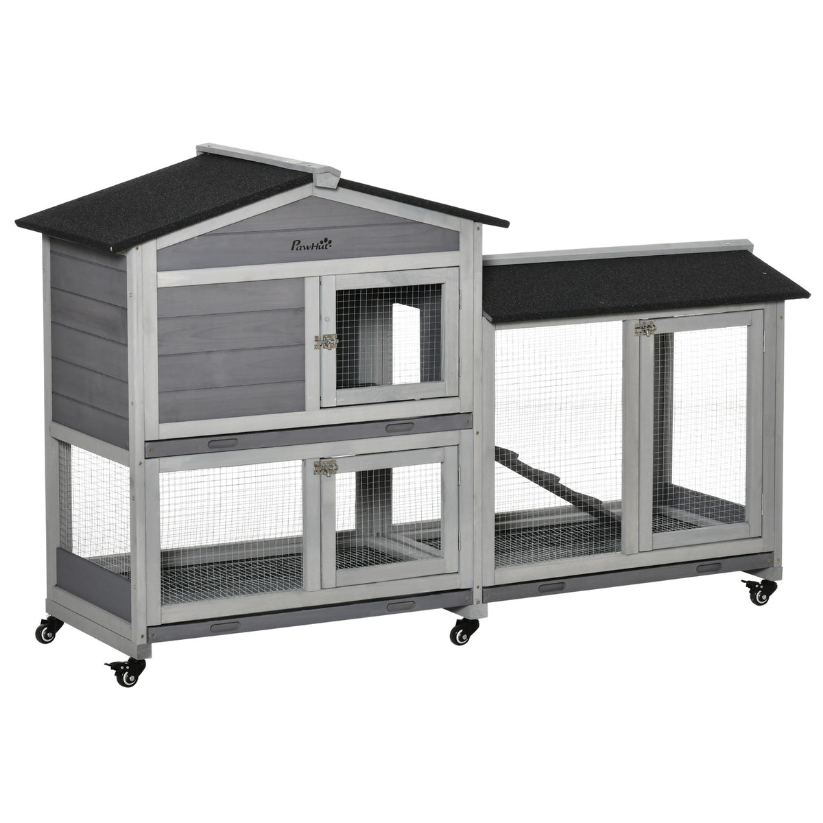 PawHut 62" Wooden Mobile Rabbit Hutch with Wheels, Run Box, Slide-out Tray, Ramp