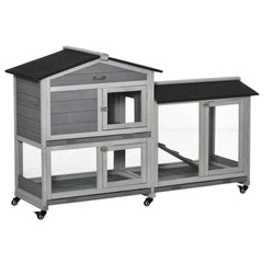 PawHut 62" Wooden Mobile Rabbit Hutch with Wheels, Run Box, Slide-out Tray, Ramp