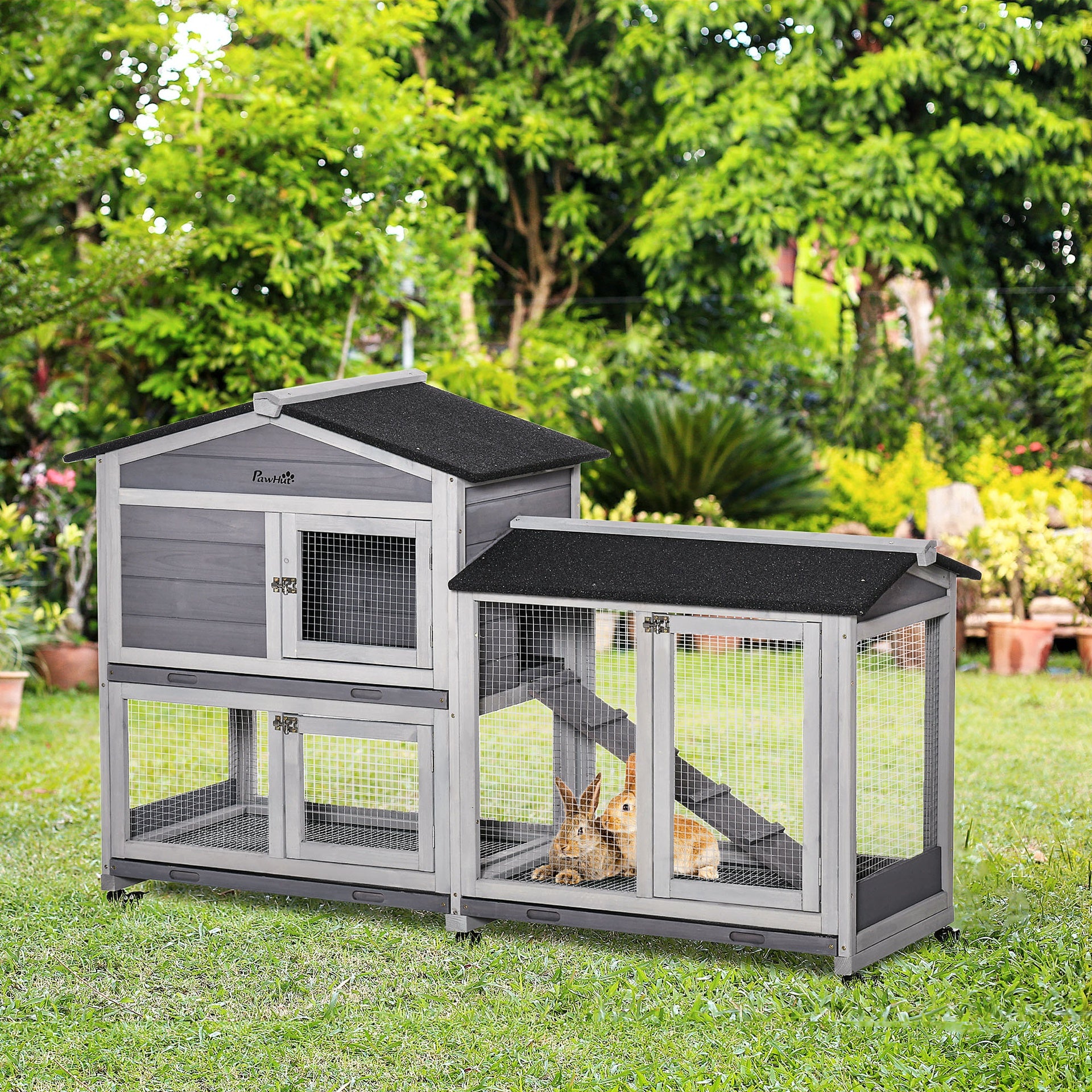 PawHut 62" Wooden Mobile Rabbit Hutch with Wheels, Run Box, Slide-out Tray, Ramp