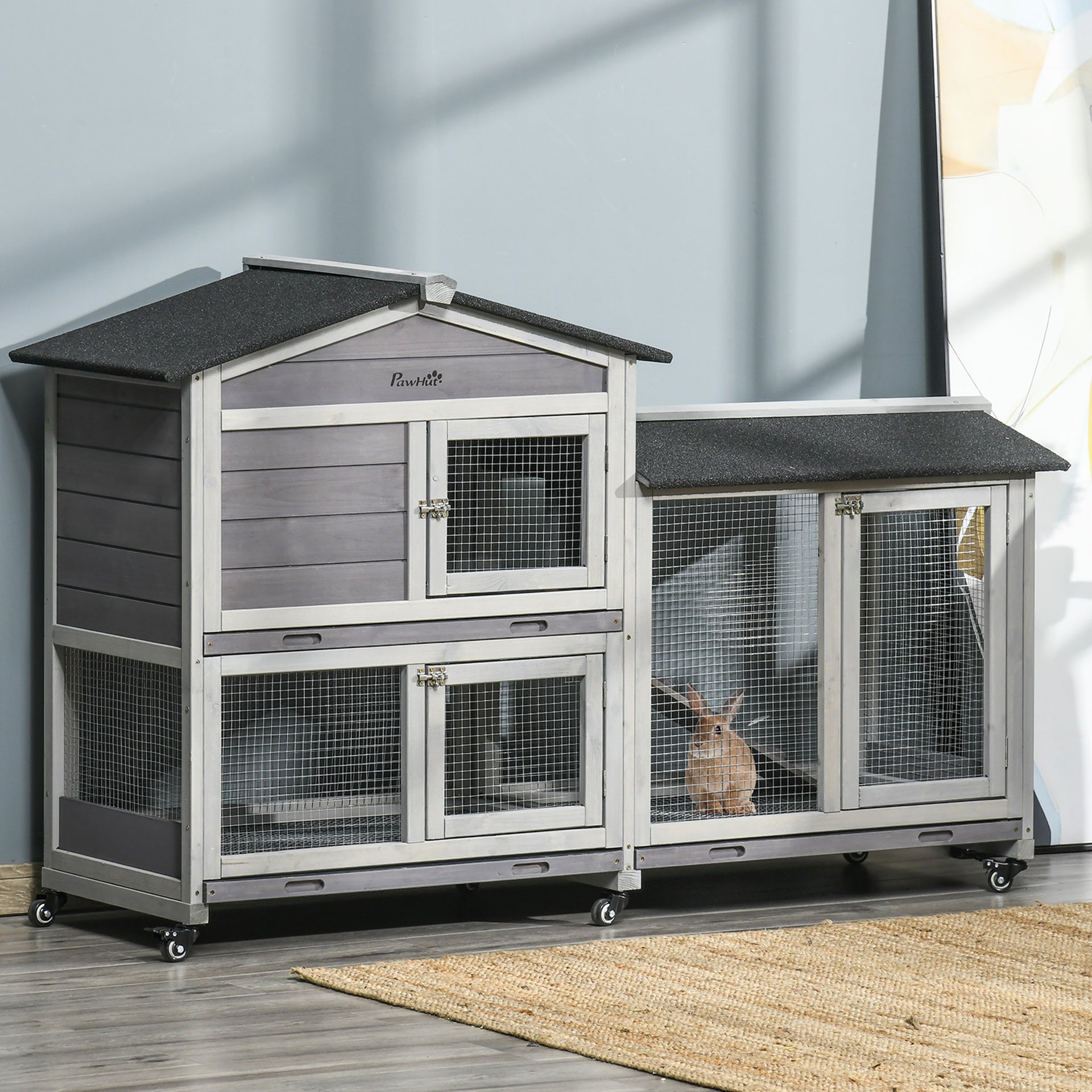 PawHut 62" Wooden Mobile Rabbit Hutch with Wheels, Run Box, Slide-out Tray, Ramp