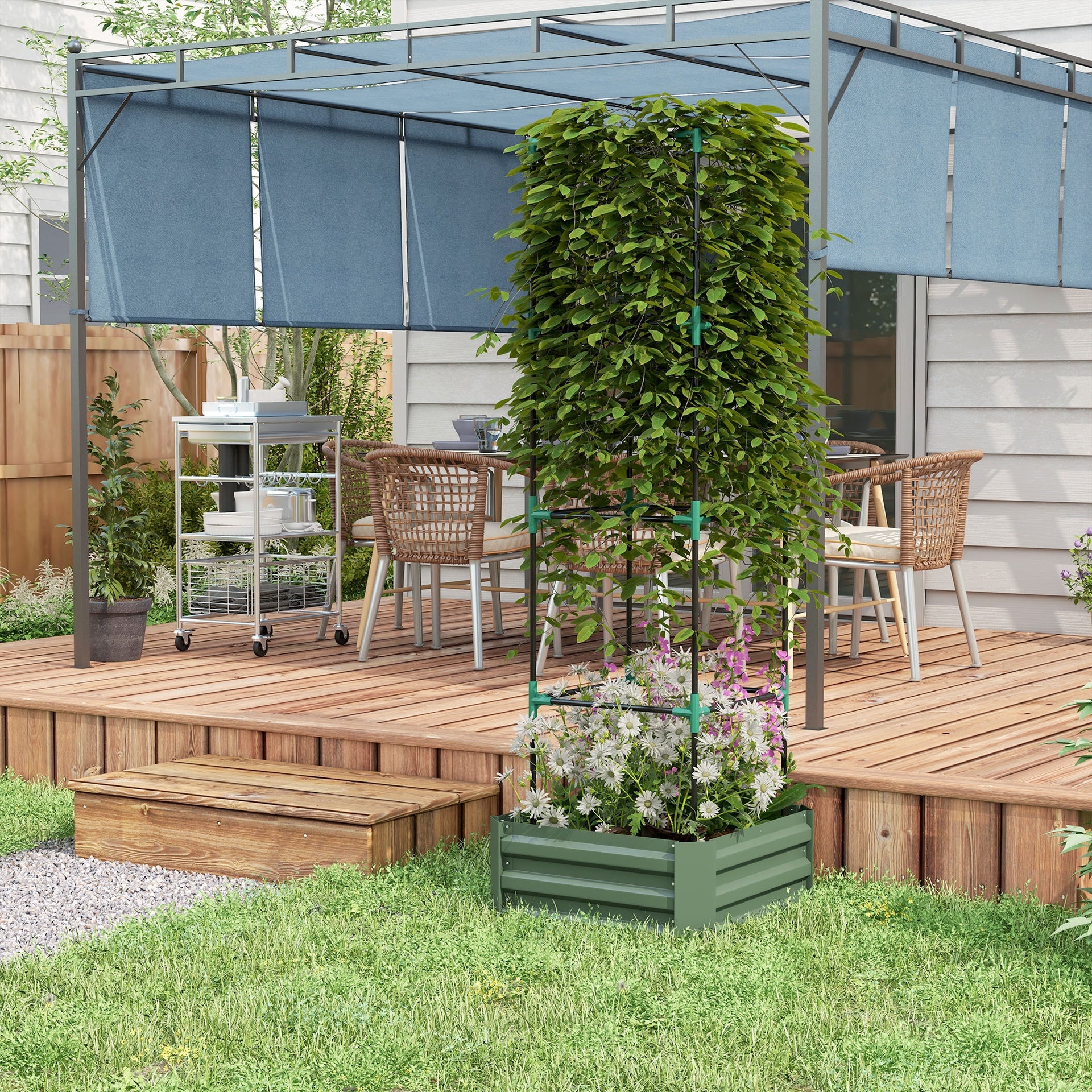 Outsunny Galvanized Planter Box, 24" x 24" x 73.5" Raised Garden Bed with Tomato Cage for Climbing Vines, Green