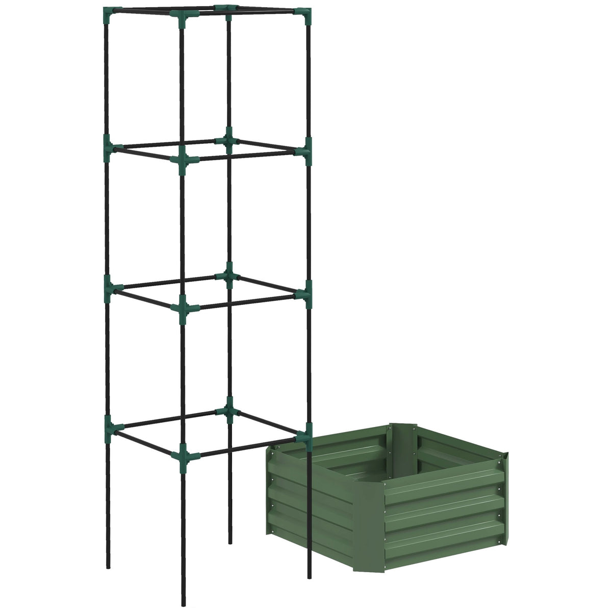 Outsunny Galvanized Planter Box, 24" x 24" x 73.5" Raised Garden Bed with Tomato Cage for Climbing Vines, Green