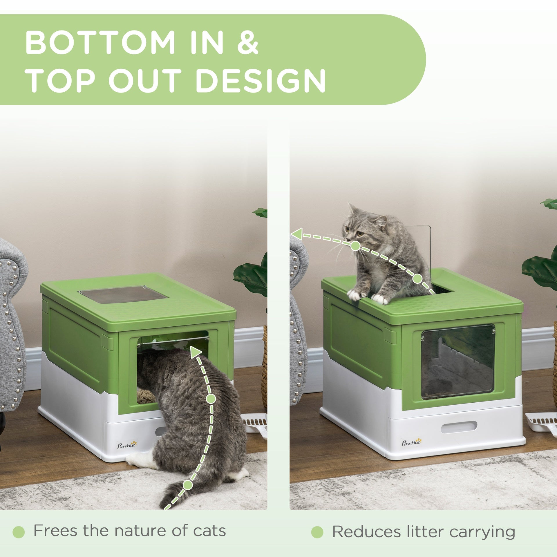 PawHut Fully Enclosed Cat Litter Box with Front Entry, Top Exit, Yellowish Green