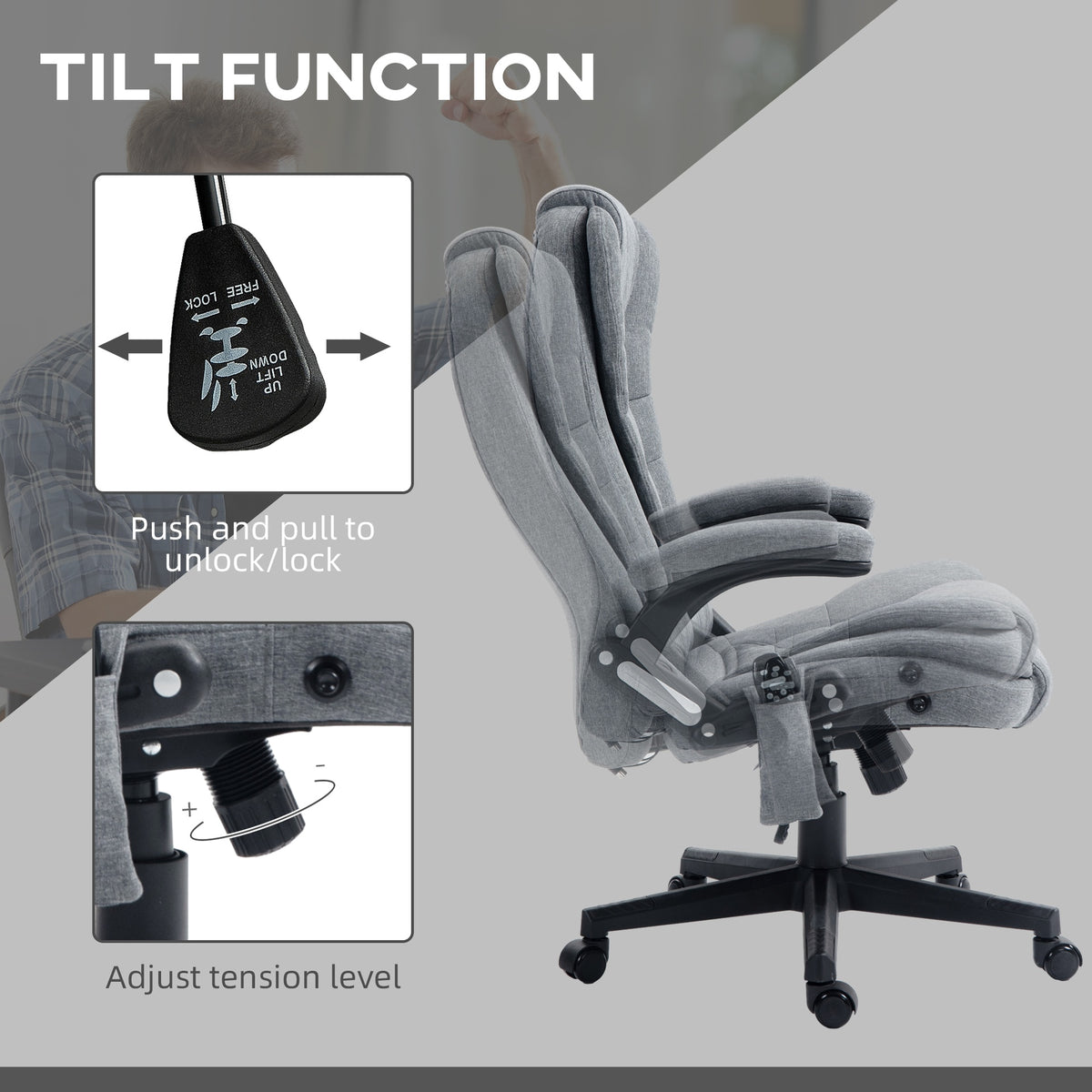 HOMCOM 6 Point Vibrating Massage Office Chair with Heat, Linen High Back Massage Desk Chair with Reclining Backrest, Gray