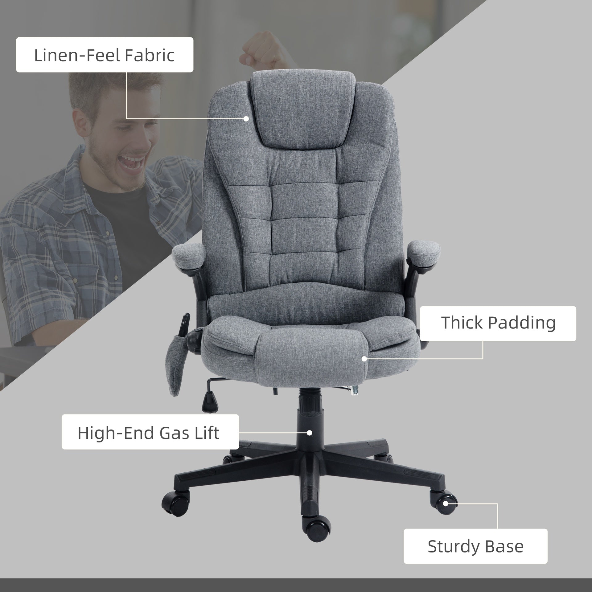 HOMCOM 6 Point Vibrating Massage Office Chair with Heat, Linen High Back Massage Desk Chair with Reclining Backrest, Gray