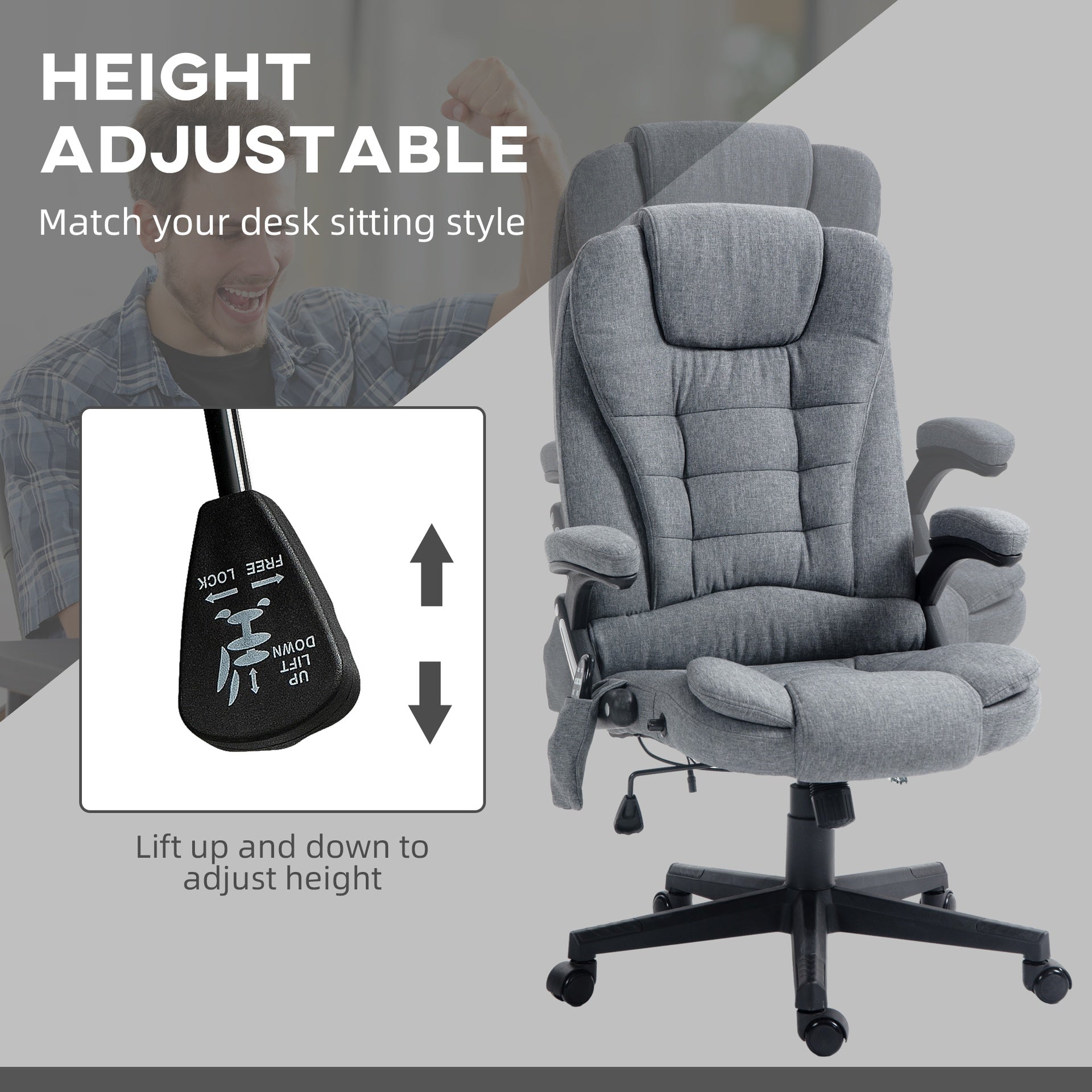 HOMCOM 6 Point Vibrating Massage Office Chair with Heat, Linen High Back Massage Desk Chair with Reclining Backrest, Gray
