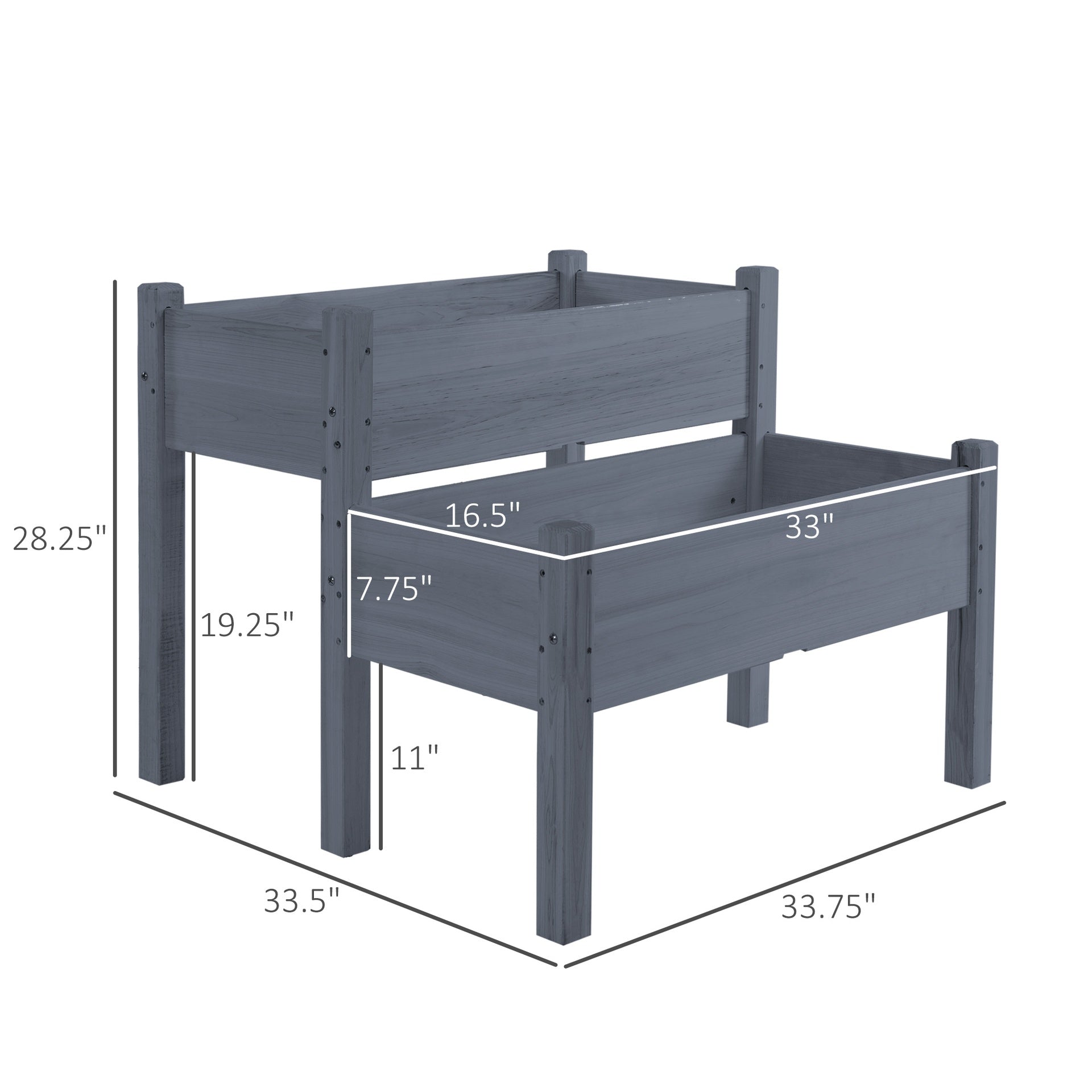 Outsunny 34"x34"x28" Raised Garden Bed 2-Tier Wooden Planter Box for Backyard, Patio to Grow Vegetables, Herbs and Flowers, Gray