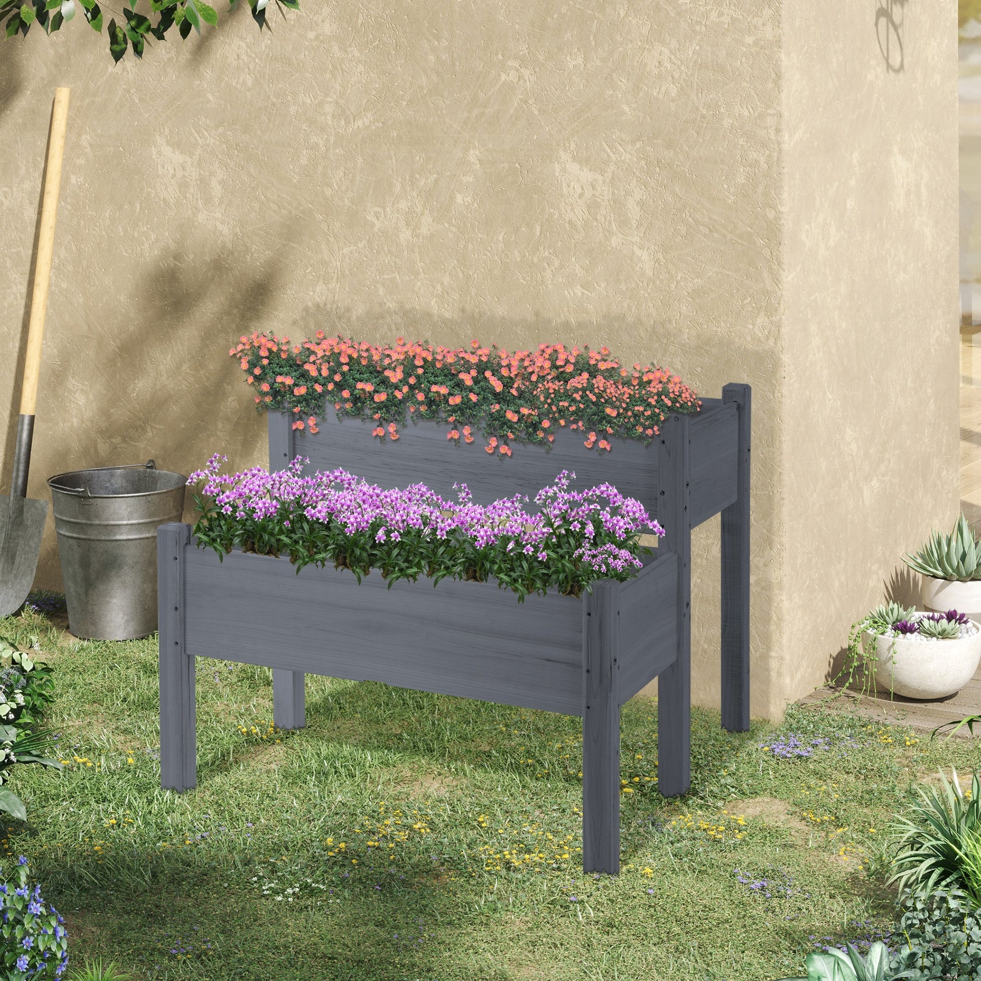 Outsunny 34"x34"x28" Raised Garden Bed 2-Tier Wooden Planter Box for Backyard, Patio to Grow Vegetables, Herbs and Flowers, Gray