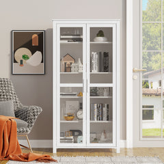 HOMCOM 63" Kitchen Pantry Cabinet, Freestanding Storage Cabinet, Display Cabinet with 2 Glass Door and 2 Adjustable Shelves for Dining Room, White