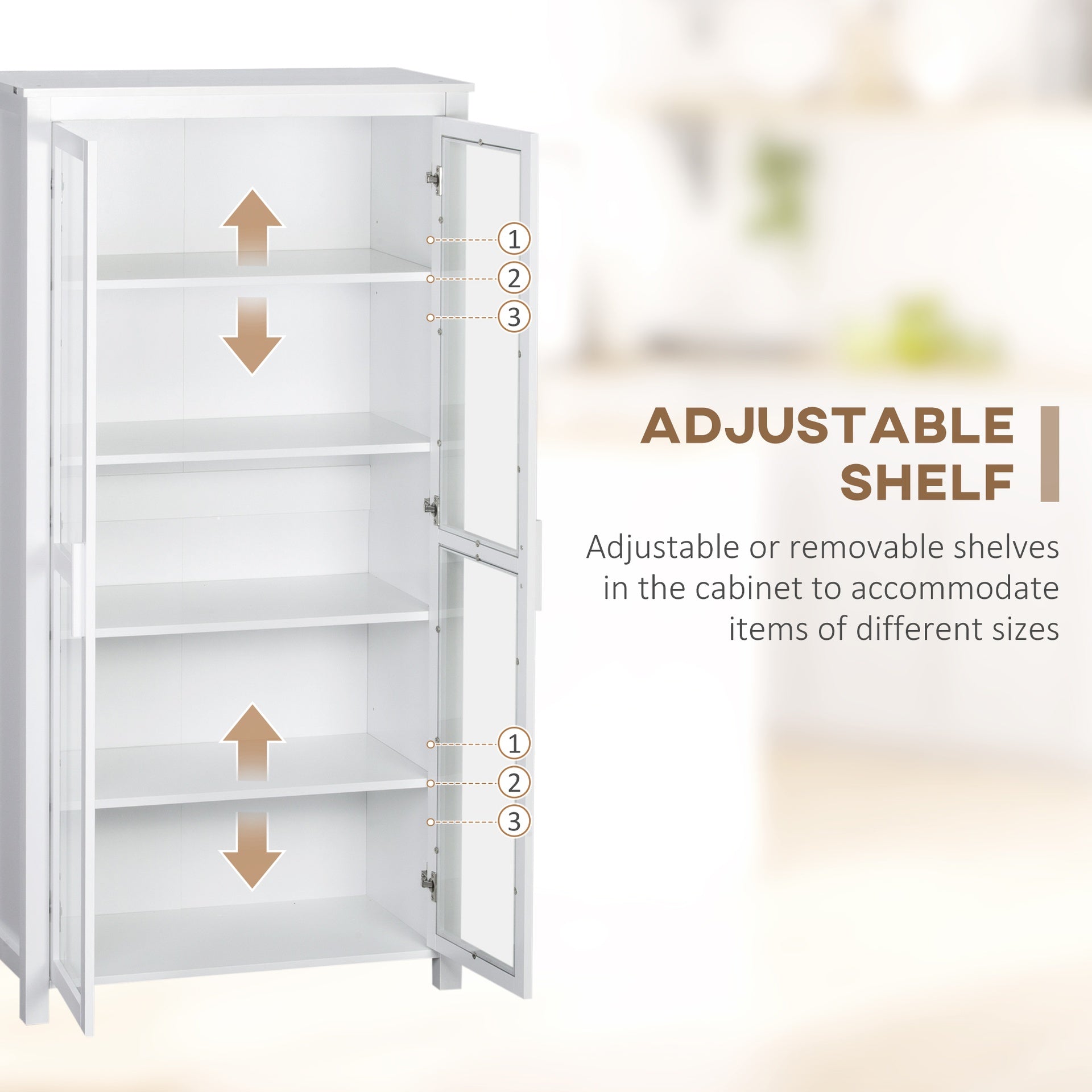 HOMCOM 63" Kitchen Pantry Cabinet, Freestanding Storage Cabinet, Display Cabinet with 2 Glass Door and 2 Adjustable Shelves for Dining Room, White