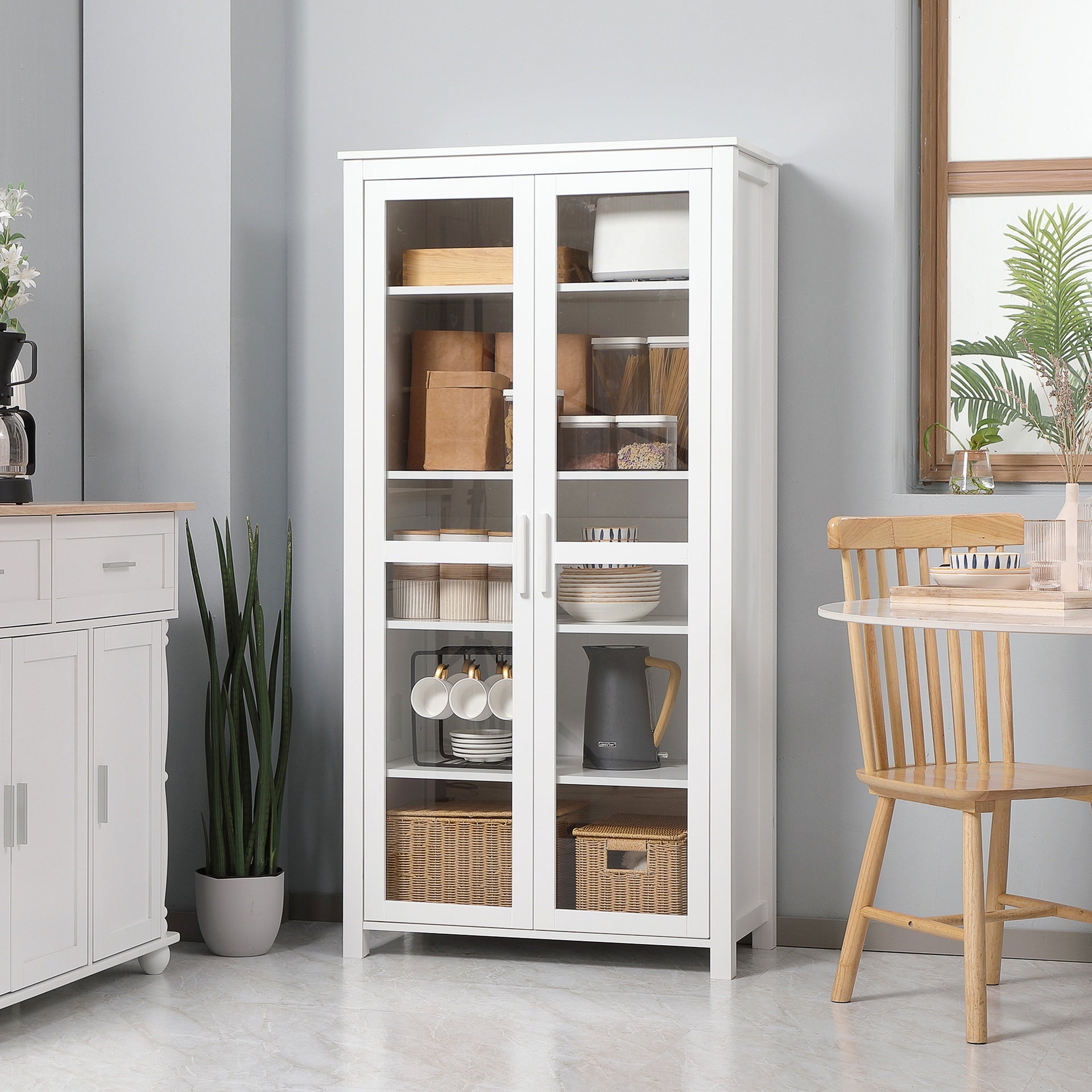 HOMCOM 63" Kitchen Pantry Cabinet, Freestanding Storage Cabinet, Display Cabinet with 2 Glass Door and 2 Adjustable Shelves for Dining Room, White