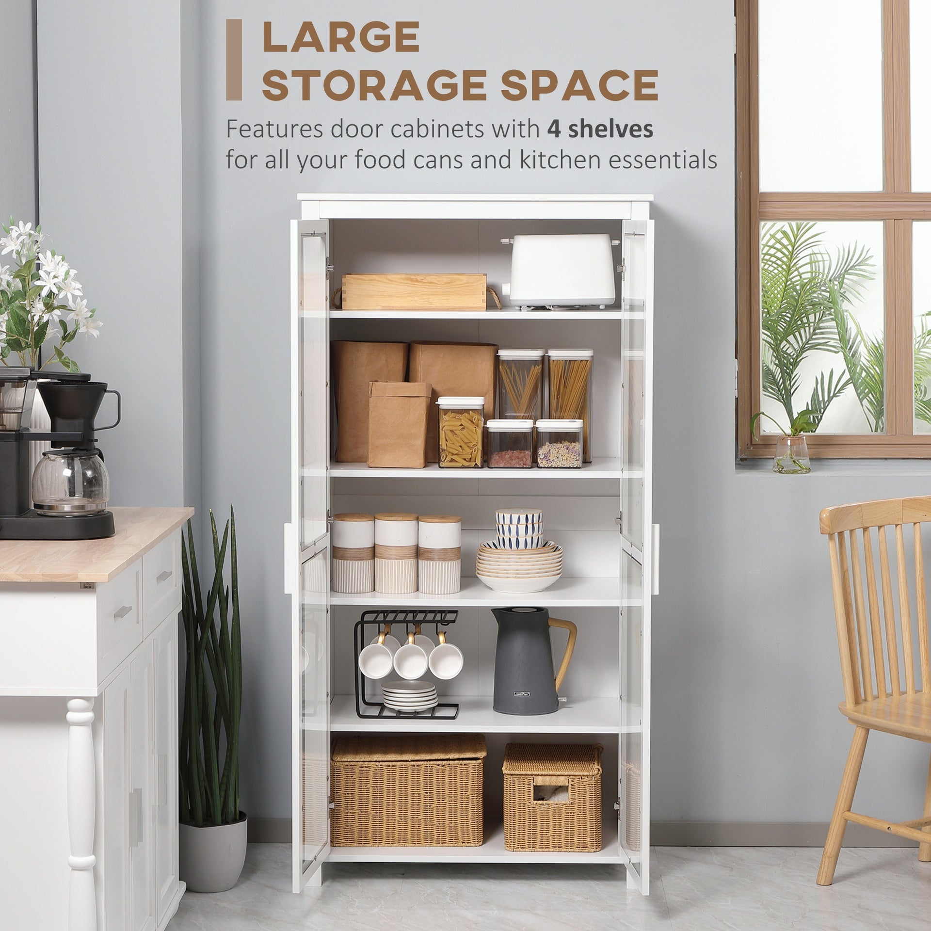 HOMCOM 63" Kitchen Pantry Cabinet, Freestanding Storage Cabinet, Display Cabinet with 2 Glass Door and 2 Adjustable Shelves for Dining Room, White