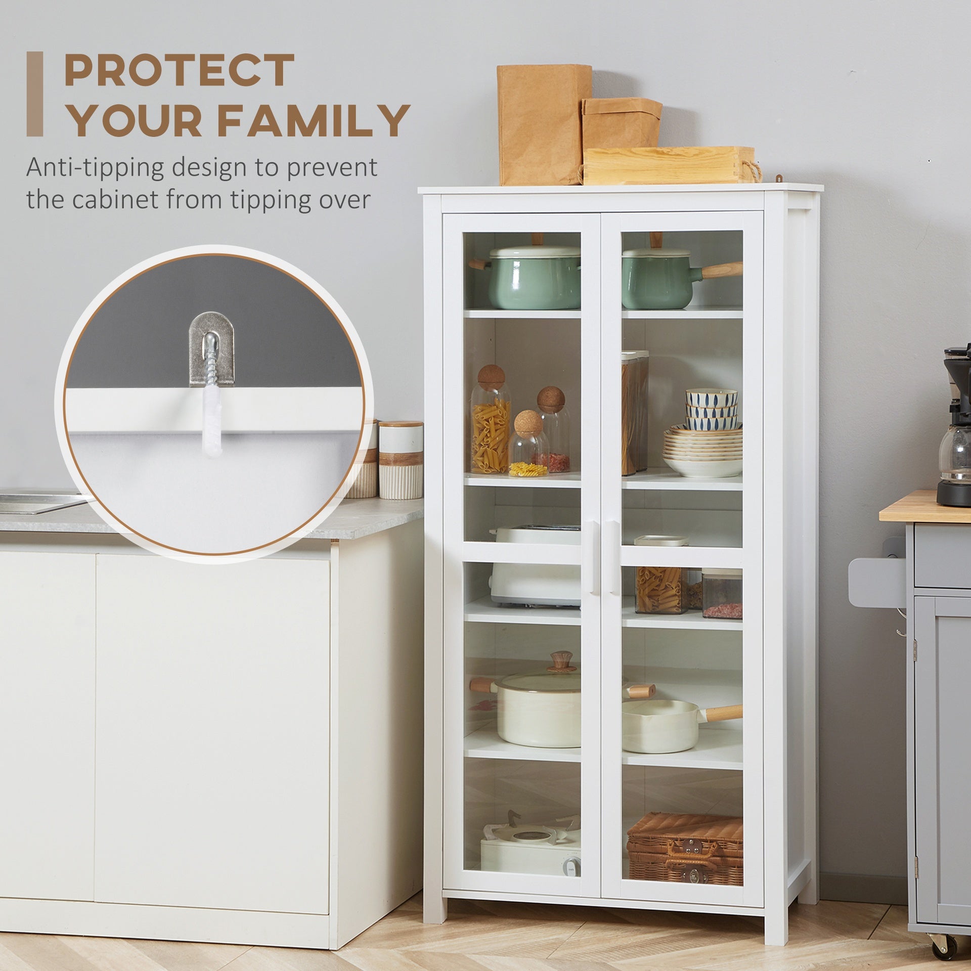 HOMCOM 63" Kitchen Pantry Cabinet, Freestanding Storage Cabinet, Display Cabinet with 2 Glass Door and 2 Adjustable Shelves for Dining Room, White