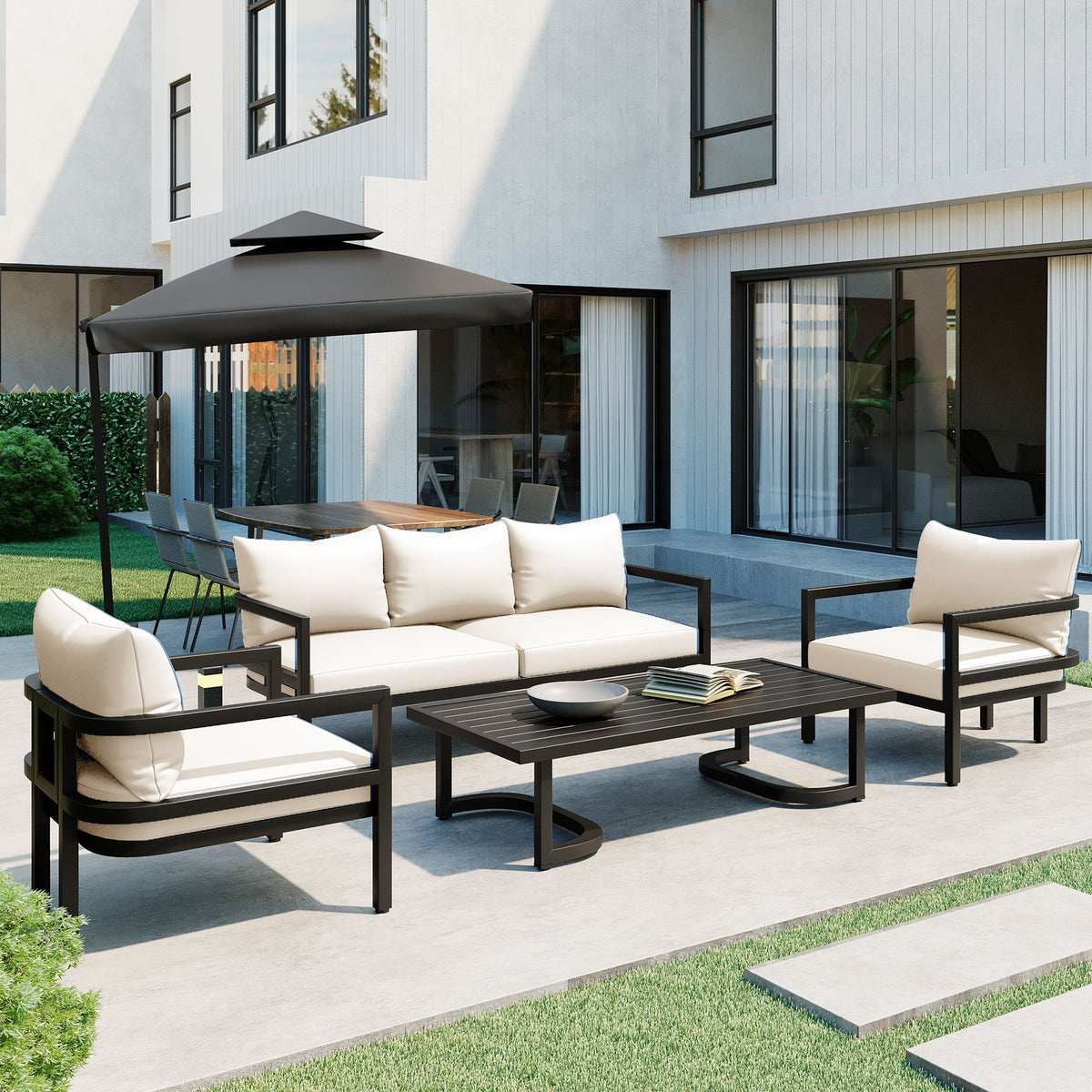 U_Style Multi-Person Outdoor Steel Sofa Set with Coffee Table, Waterproof & Anti-Rust Patio Seating, UV-Resistant Cushions for Garden, Lawn & Backyard