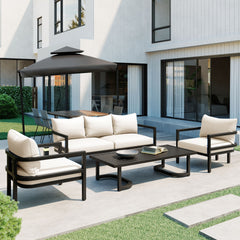 U_Style Multi-Person Outdoor Steel Sofa Set with Coffee Table, Waterproof & Anti-Rust Patio Seating, UV-Resistant Cushions for Garden, Lawn & Backyard