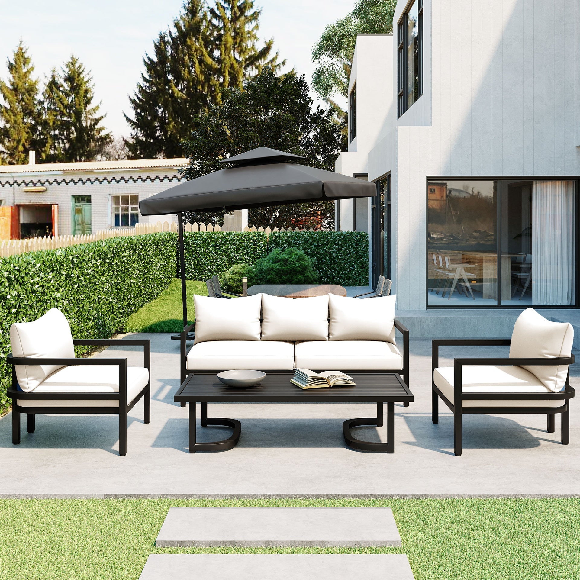 U_Style Multi-Person Outdoor Steel Sofa Set with Coffee Table, Waterproof & Anti-Rust Patio Seating, UV-Resistant Cushions for Garden, Lawn & Backyard