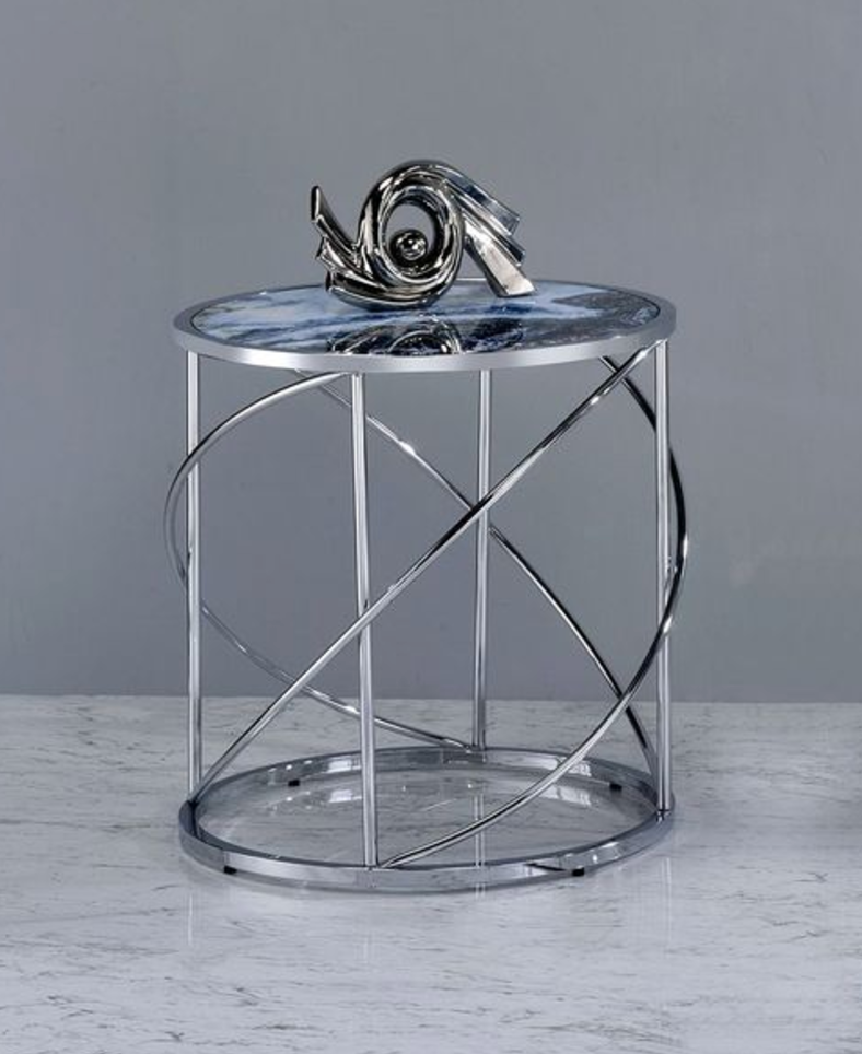 Lyda Blue Marble Print & Chrome Finish End Table