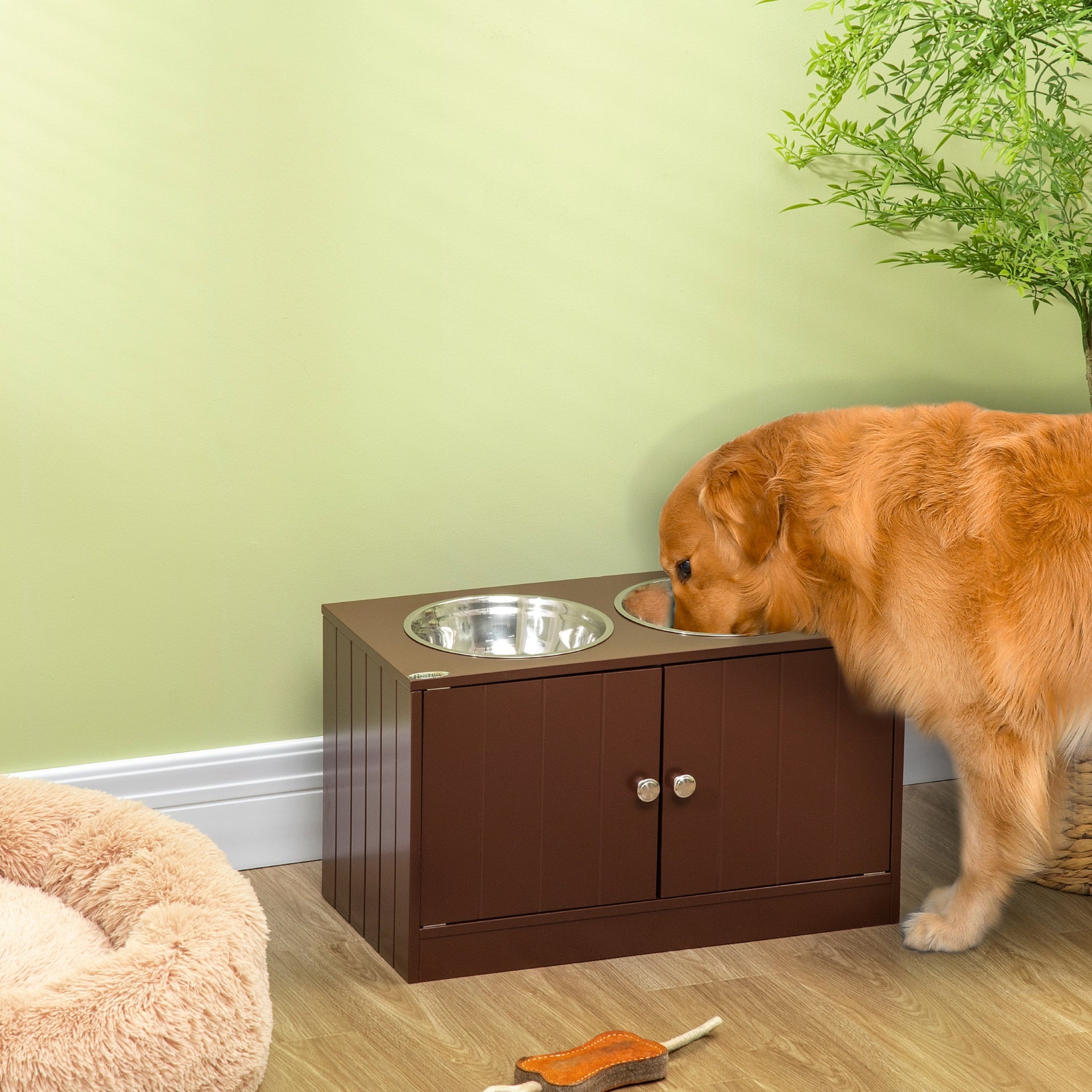 PawHut Elevated Dog Bowls with Storage Cabinet, Raised Dog Bowl Stand Pet Food Bowl Dog Feeding Station, Brown