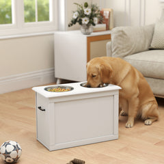PawHut Raised Pet Feeding Storage Station with 2 Stainless Steel Bowls Base for Large Dogs and Other Large Pets, White