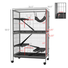 PawHut 50" H Rolling Small Animal Cage with Hammock, Ferret Cage, Chinchilla Cage, Pet Habitat with 4 Doors, Removable Tray