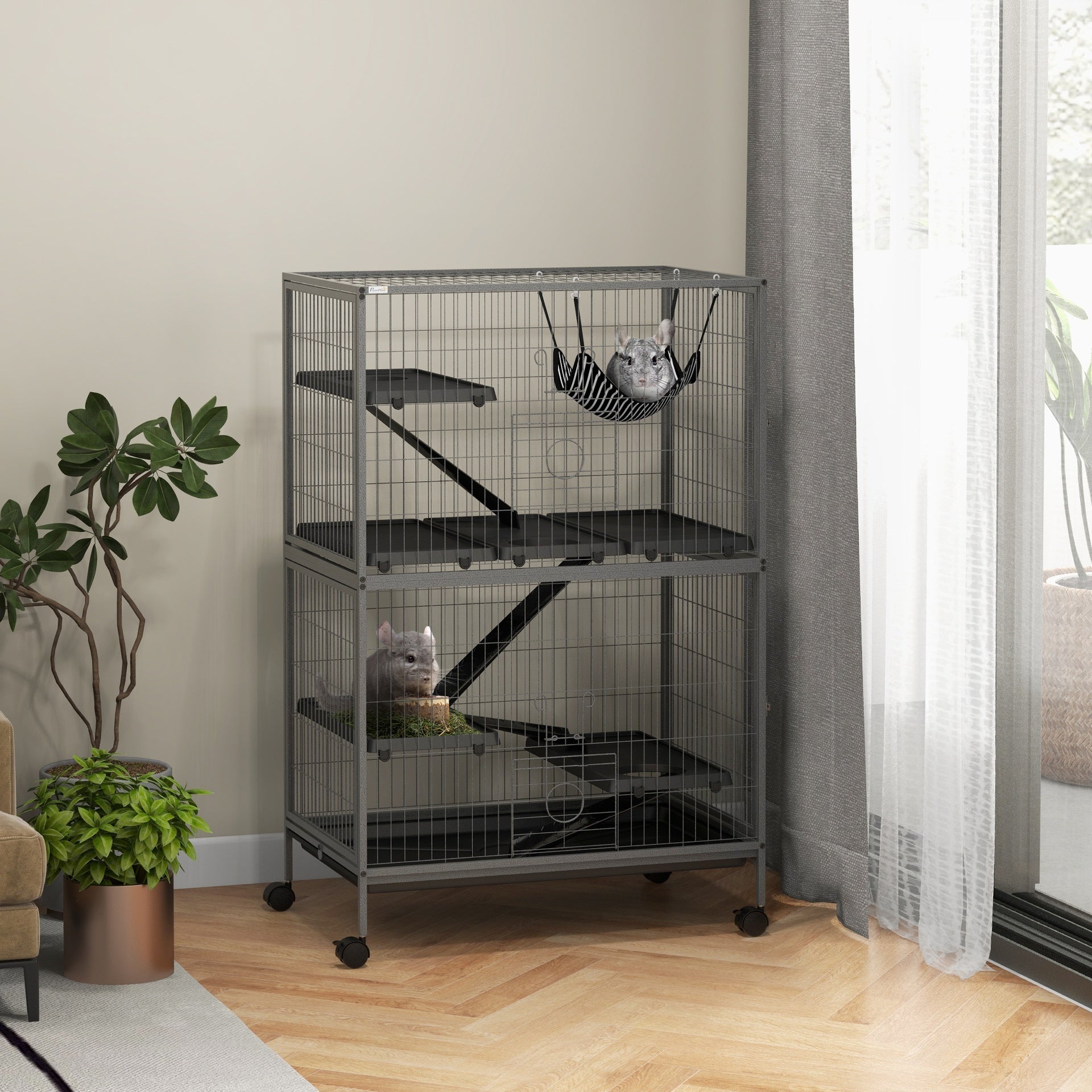 PawHut 50" H Rolling Small Animal Cage with Hammock, Ferret Cage, Chinchilla Cage, Pet Habitat with 4 Doors, Removable Tray