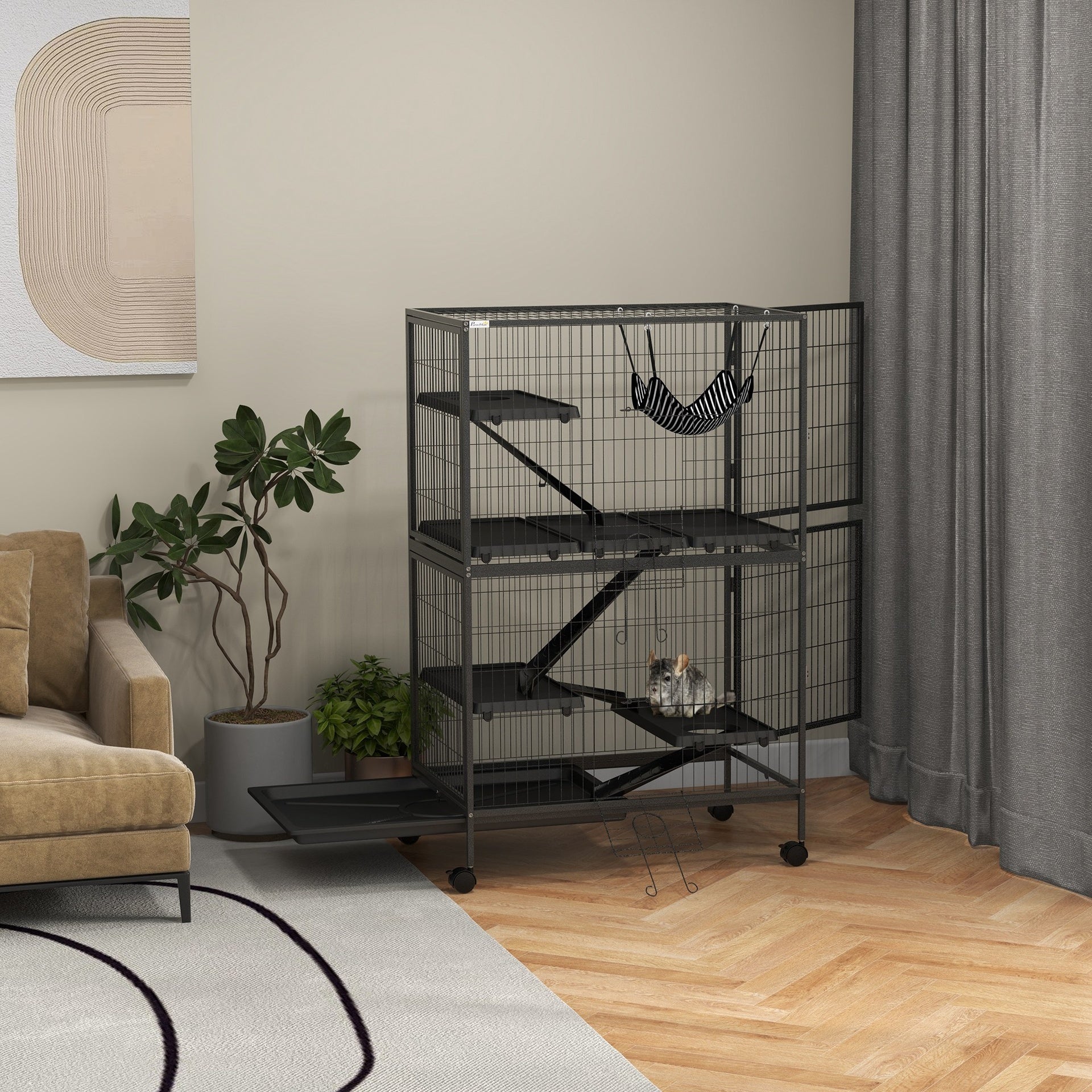 PawHut 50" H Rolling Small Animal Cage with Hammock, Ferret Cage, Chinchilla Cage, Pet Habitat with 4 Doors, Removable Tray