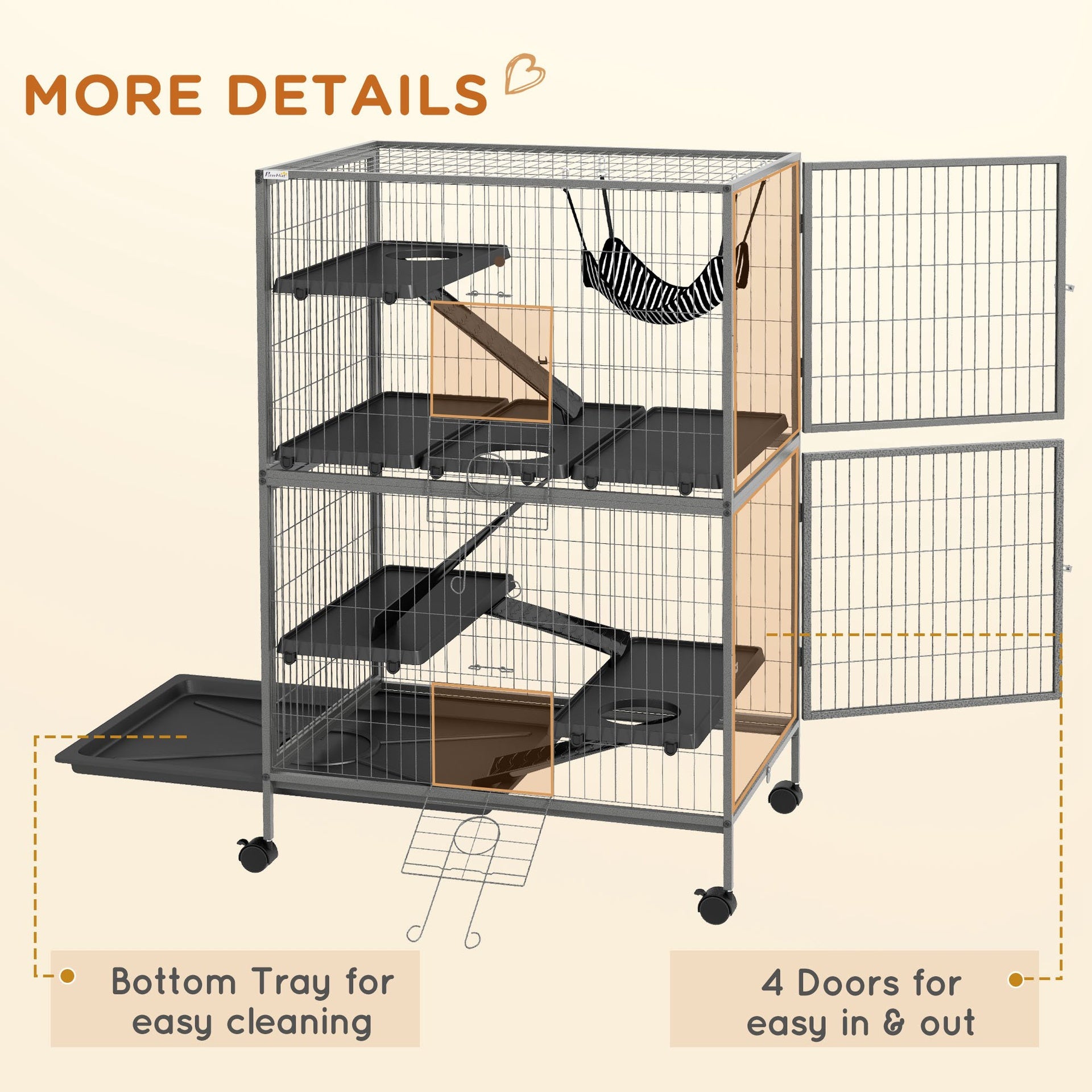 PawHut 50" H Rolling Small Animal Cage with Hammock, Ferret Cage, Chinchilla Cage, Pet Habitat with 4 Doors, Removable Tray