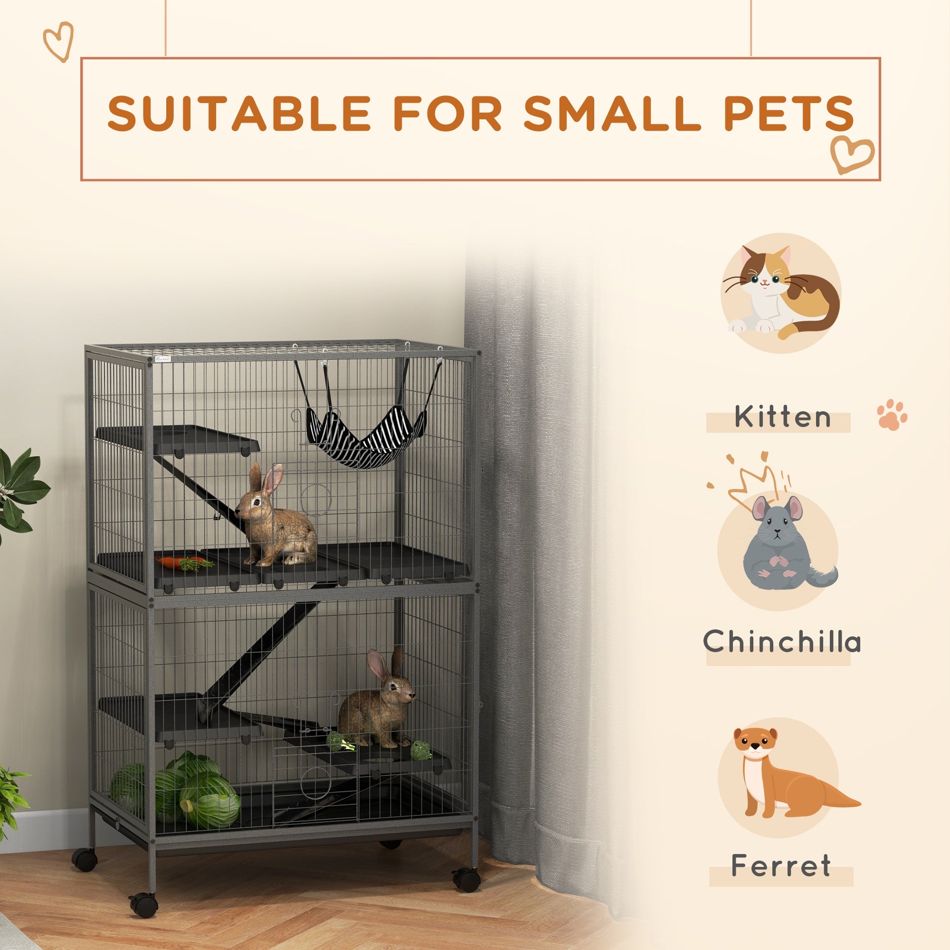 PawHut 50" H Rolling Small Animal Cage with Hammock, Ferret Cage, Chinchilla Cage, Pet Habitat with 4 Doors, Removable Tray