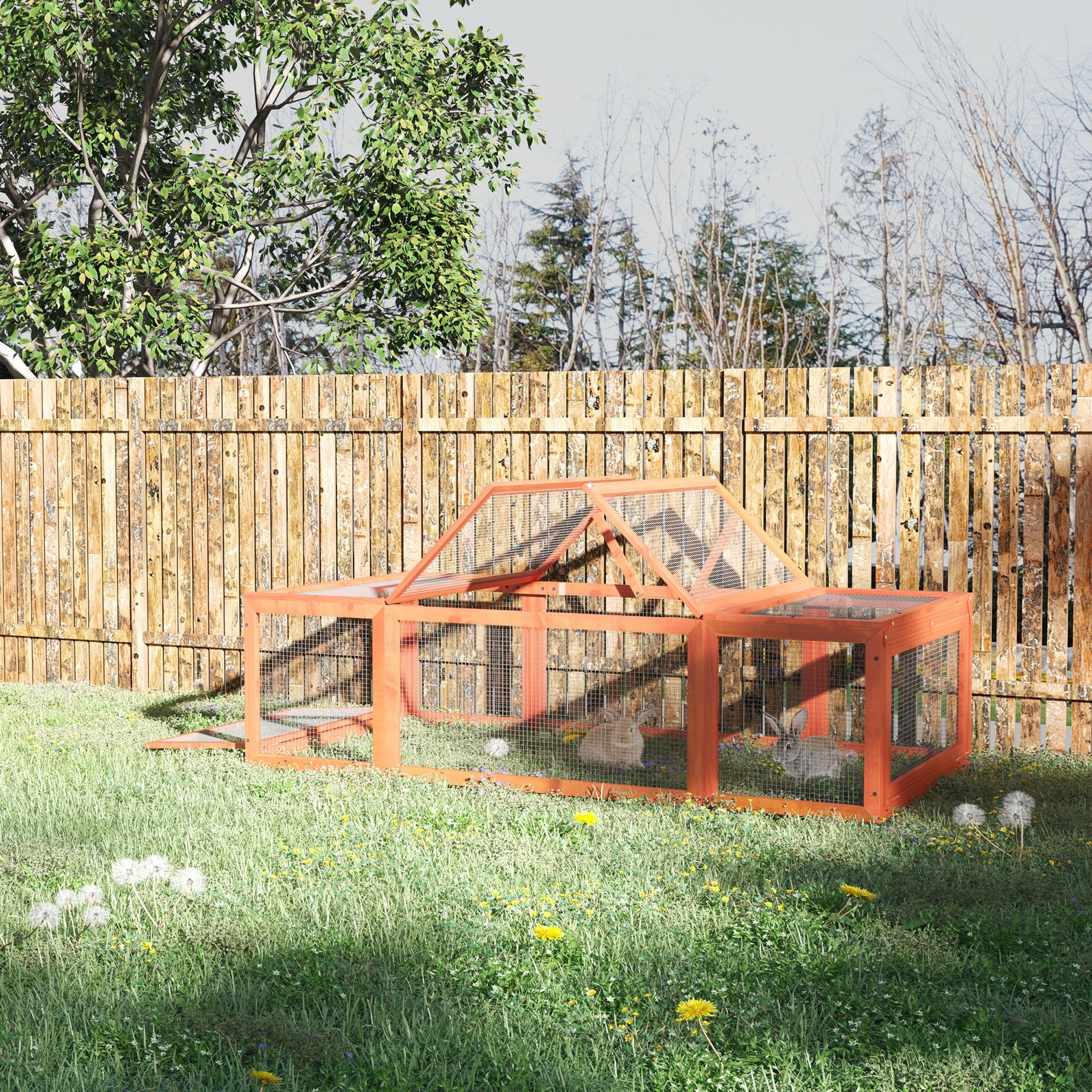 PawHut Large Wooden Rabbit Hutch Small Animal Habitat Enclosure Outdoor Run and Lockable Doors - Natural