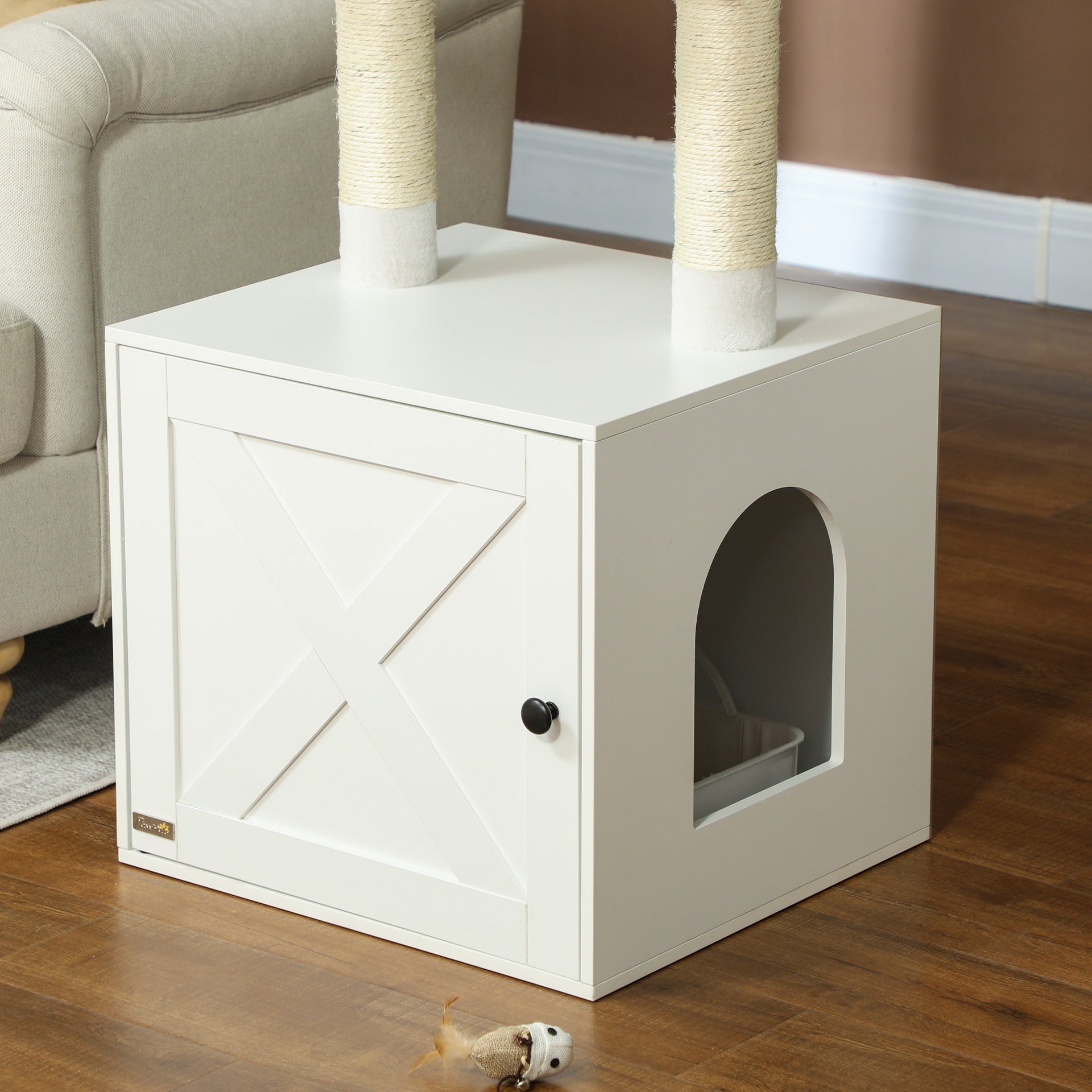 PawHut Cat Tree with Litter Box Enclosure, Scratching Posts, Bed, Climbing Platforms for Indoor Cats, White