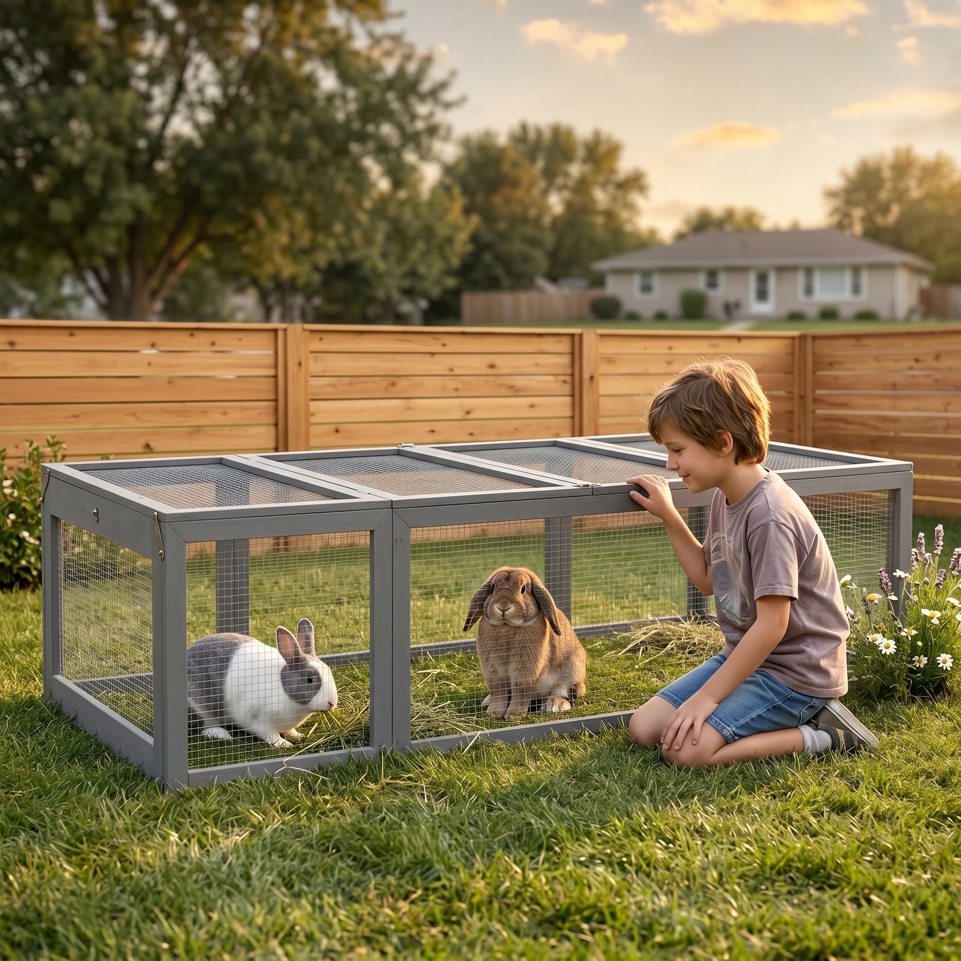 PawHut Large Wooden Rabbit Hutch Small Animal Habitat Enclosure Outdoor Run and Lockable Doors - Gray