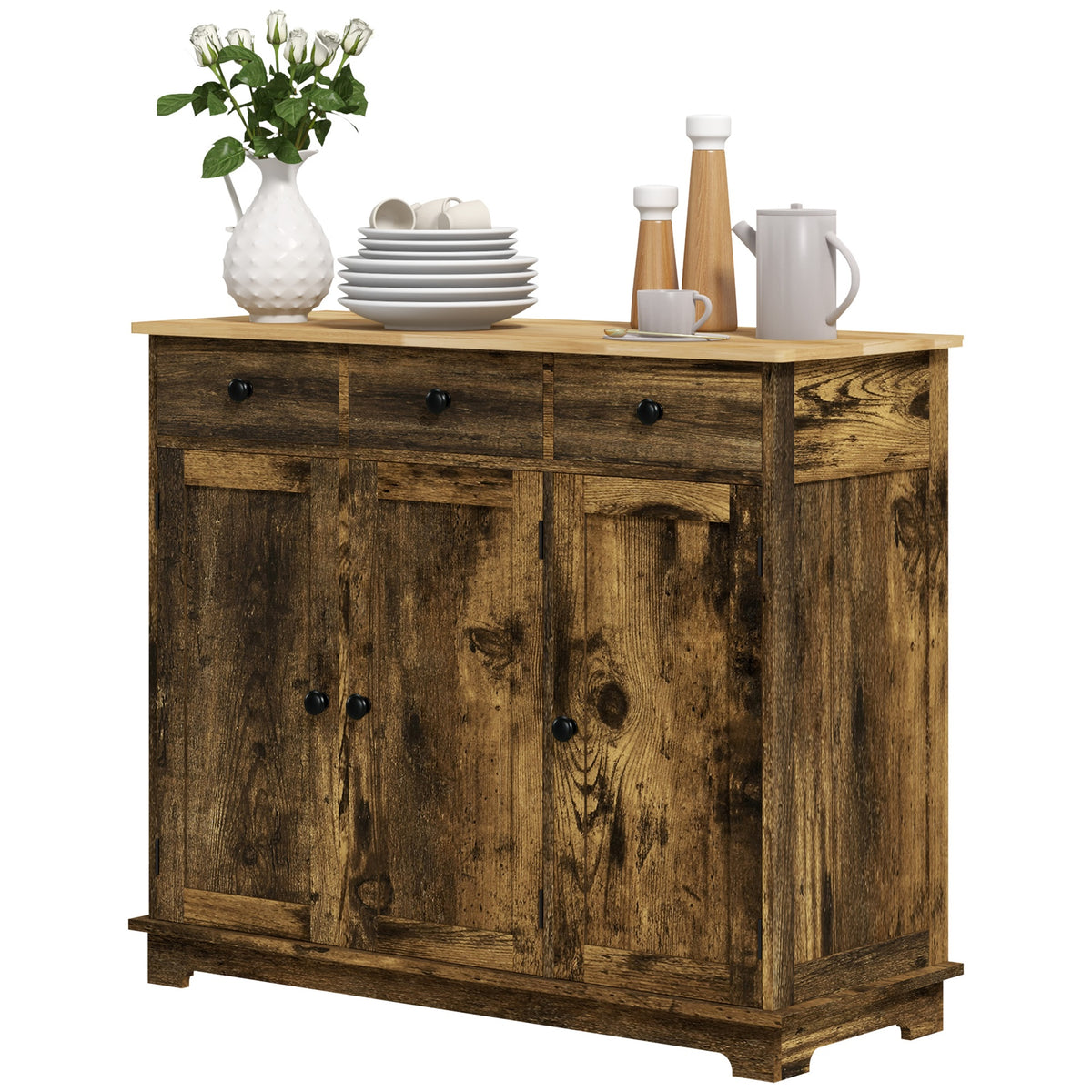 HOMCOM Kitchen Storage Cabinet, Sideboard Floor Cupboard with Solid Wood Top, Adjustable Shelf, and 3 Drawers, Brown