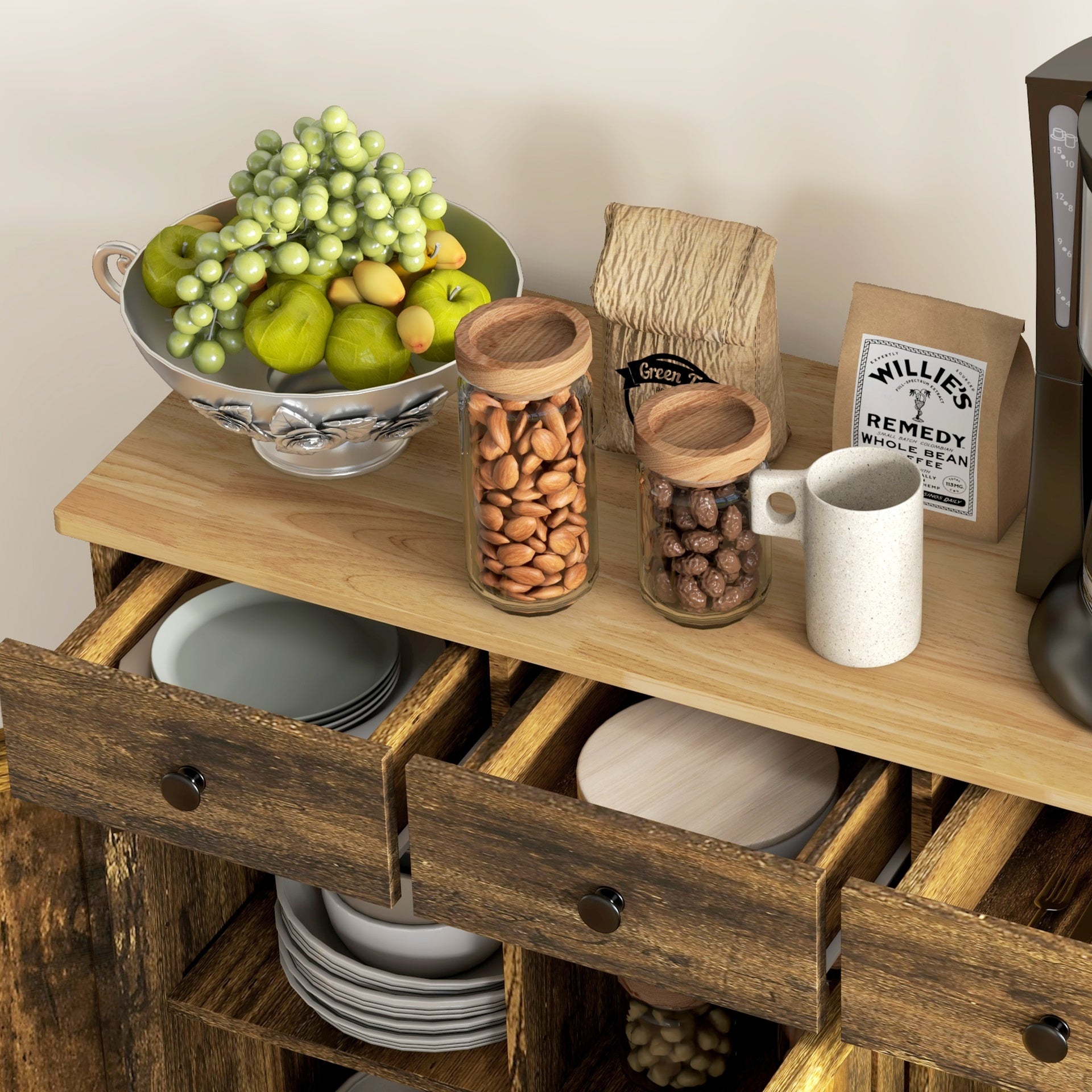 HOMCOM Kitchen Storage Cabinet, Sideboard Floor Cupboard with Solid Wood Top, Adjustable Shelf, and 3 Drawers, Brown